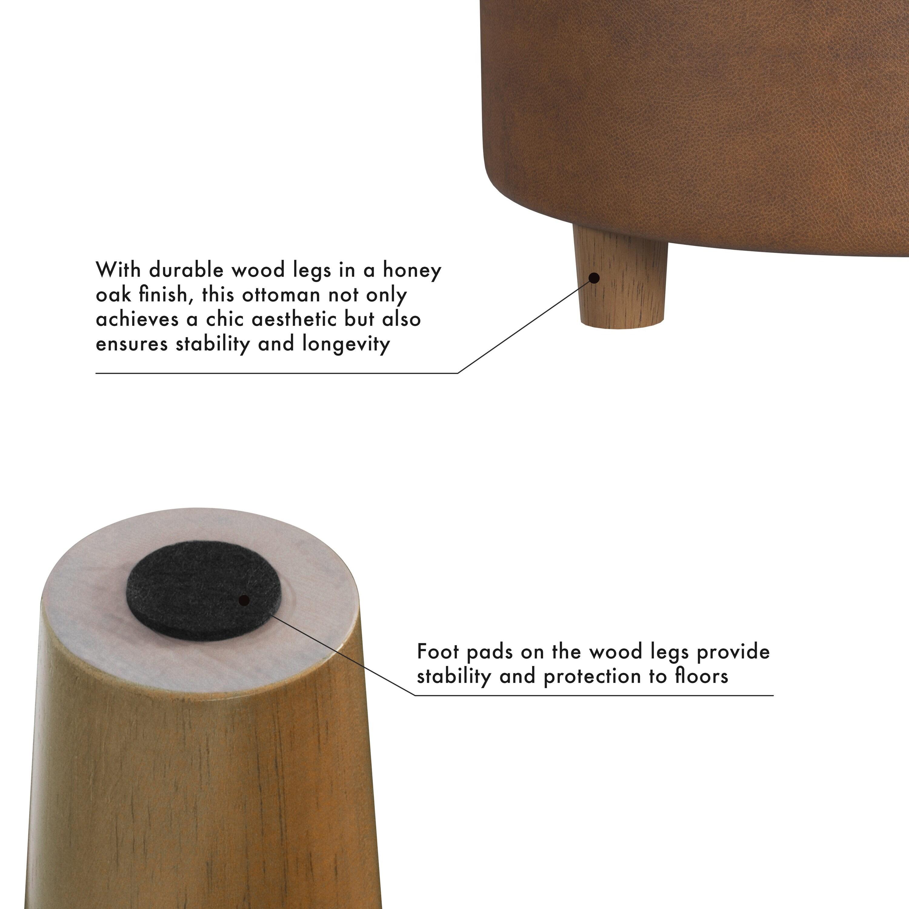 HomePop Tufted Faux Leather Round Storage Ottoman Brown: Upholstered Traditional Decor, Hardwood Frame