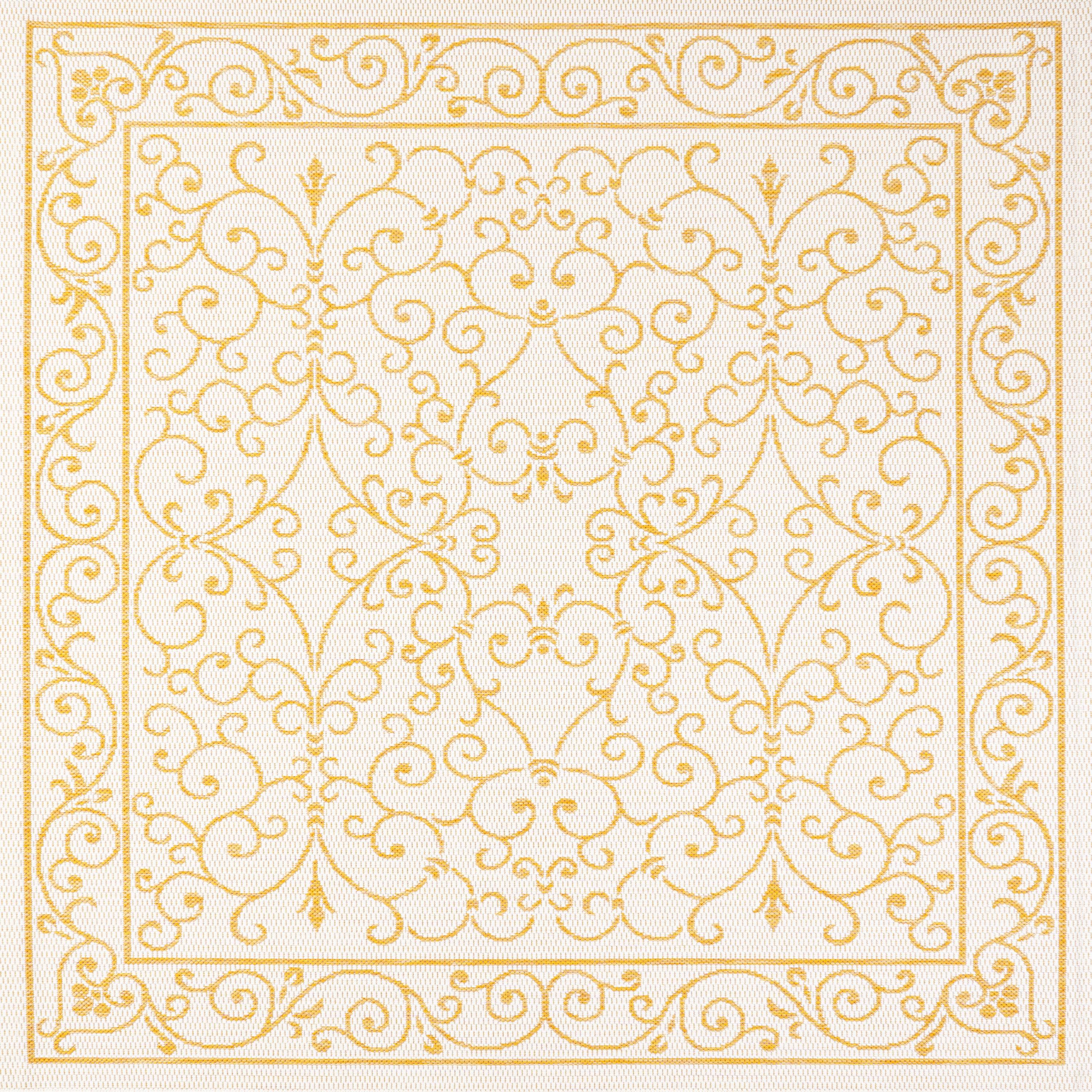 5' x 5' Charleston Vintage Filigree Textured Weave Indoor/Outdoor Area Rug, Cream/Yellow - JONATHAN Y