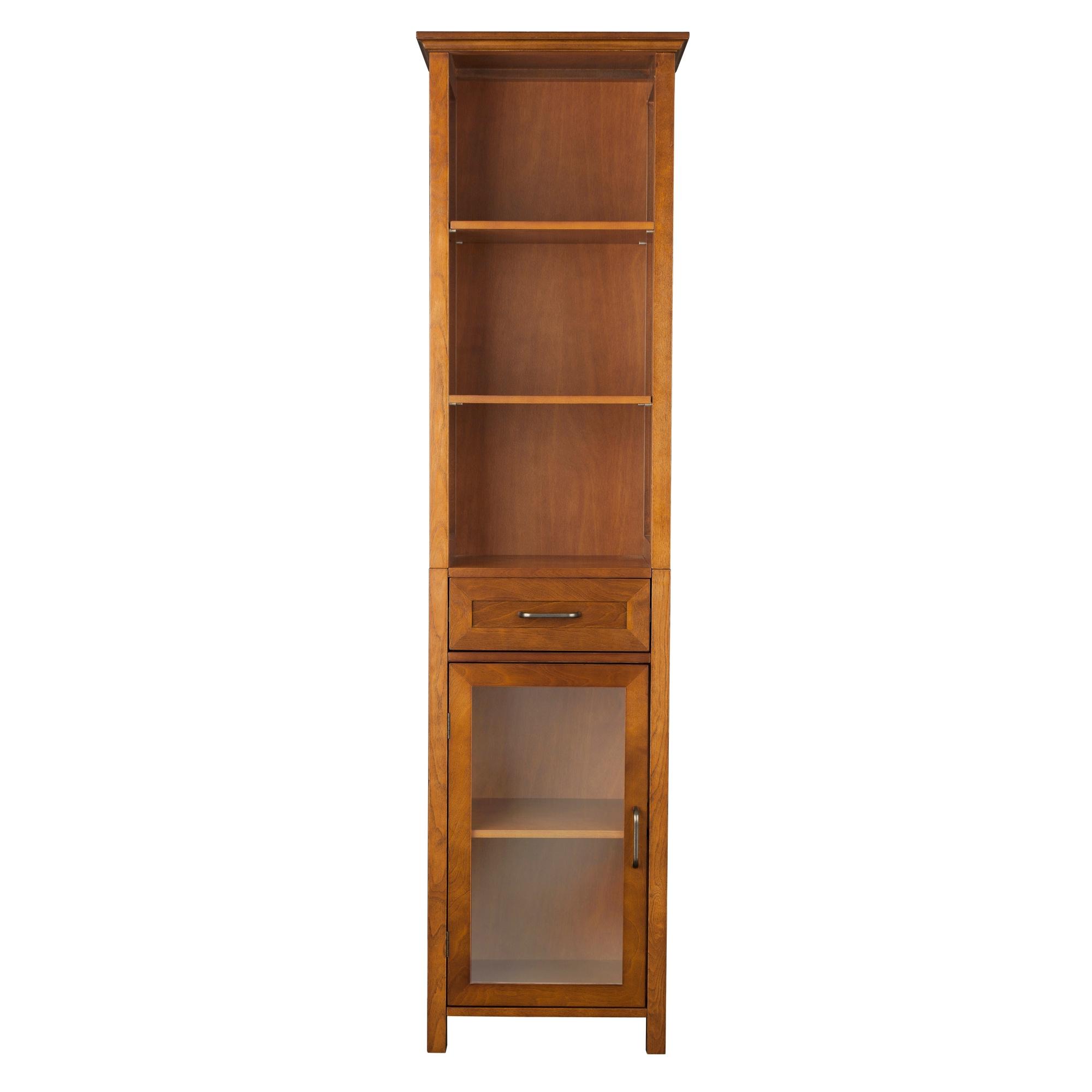 Oak Finish Bathroom Linen Tower Storage Cabinet with Shelves