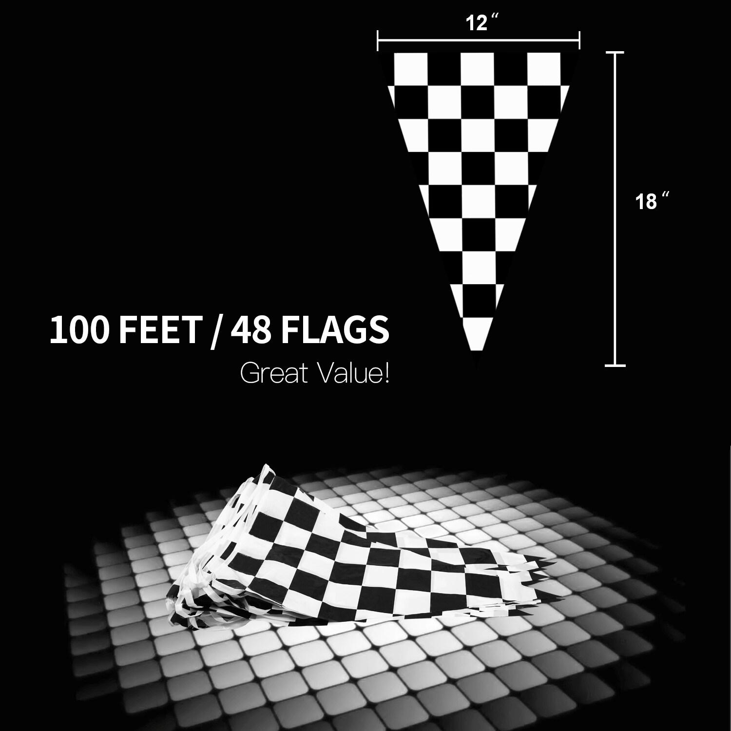 100 Feet Checkered Pennant Banner - 48 Flags (12" x 18") Sports Racing Car Themed Party Decorations