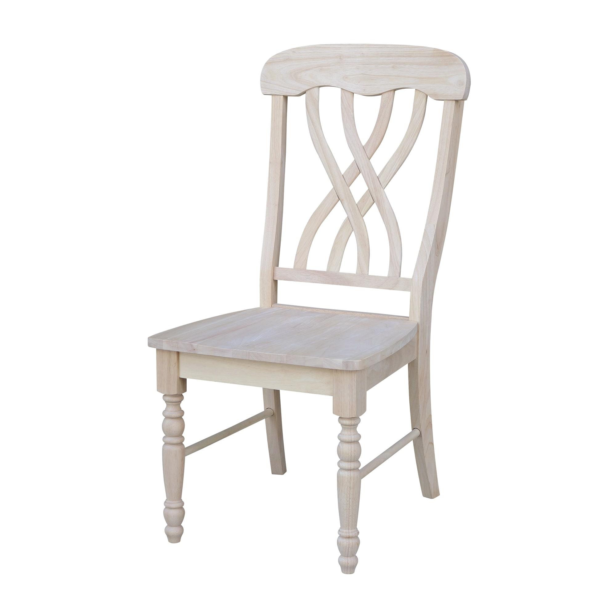 Set of Two Unfinished White Wood Lattice Dining Chairs