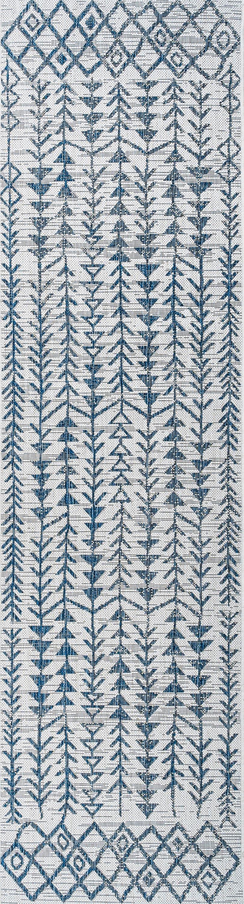 2'x8' Tokay Bohemian Styled Geometric Indoor/Outdoor Runner Rug, Ivory/Blue - JONATHAN Y