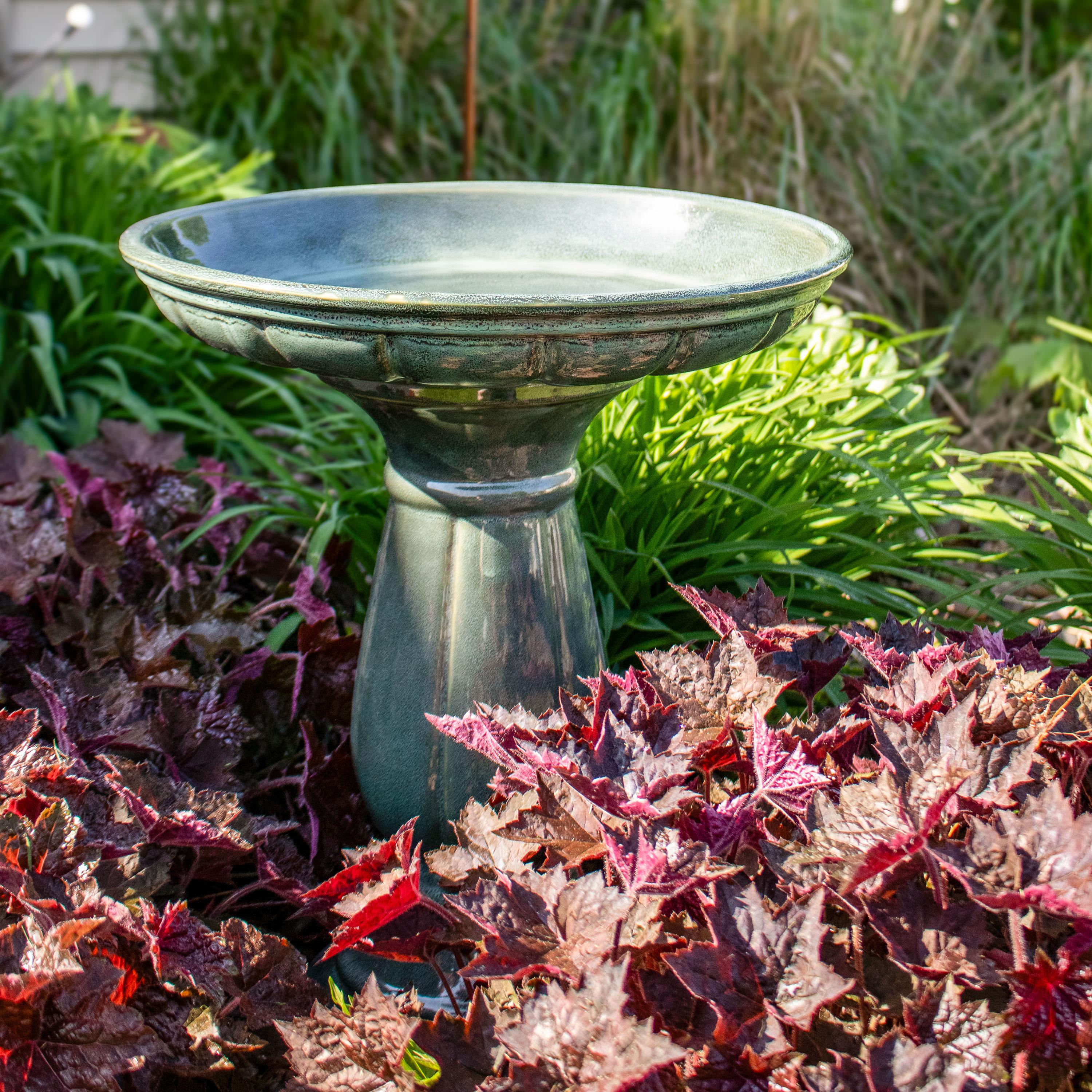Lark Manor™ Aubriela Freestanding Ceramic Outdoor Bird Bath, UV-Resistant Green Mist Finish