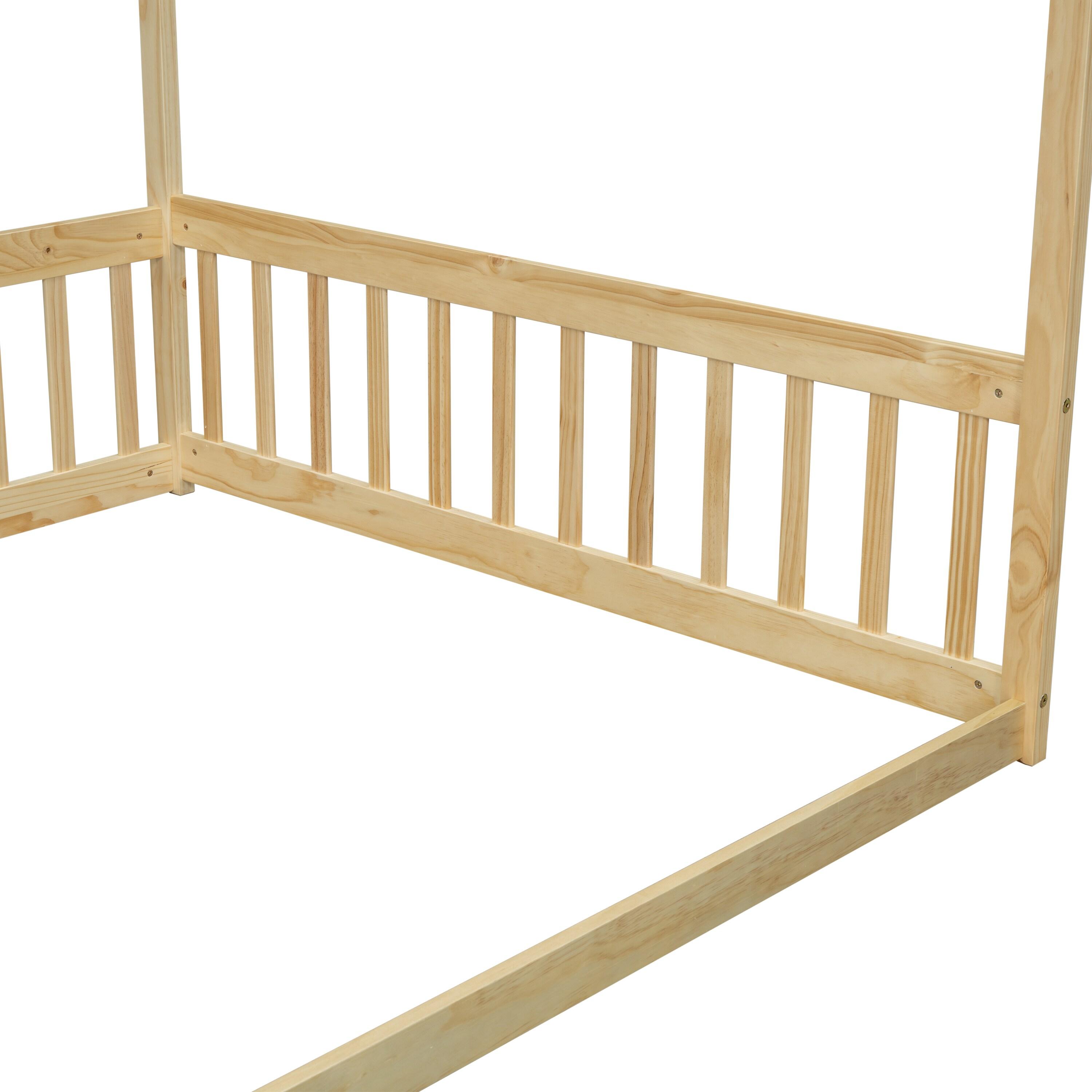 Canopy Frame Twin Size Floor Bed for Kids Bedroom,Wood Bed Frame with Fence for Boys/Girls/Teens,No Box Spring Needed,Natural