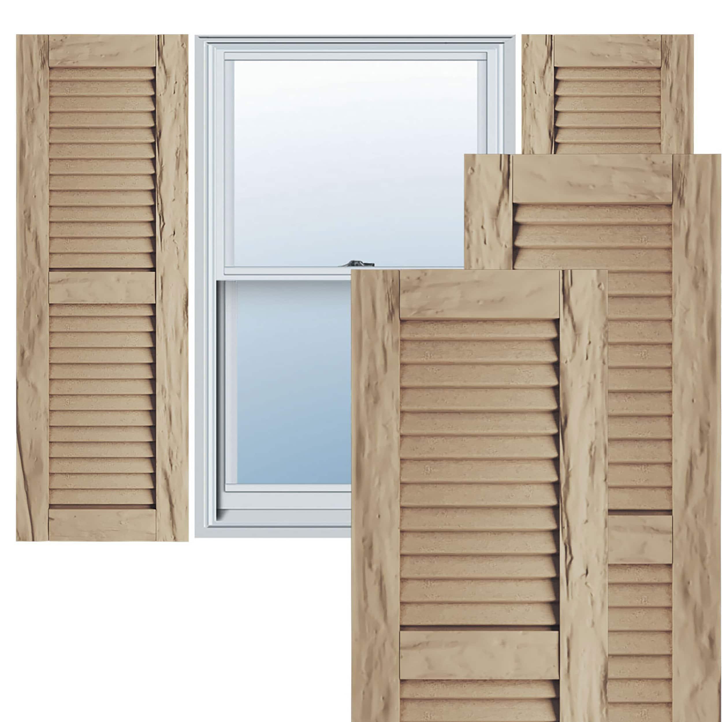 Ekena Millwork 18"W x 52"H Rustic Two Equal Louver Riverwood Faux Wood Shutters (Per Pair), Primed Tan