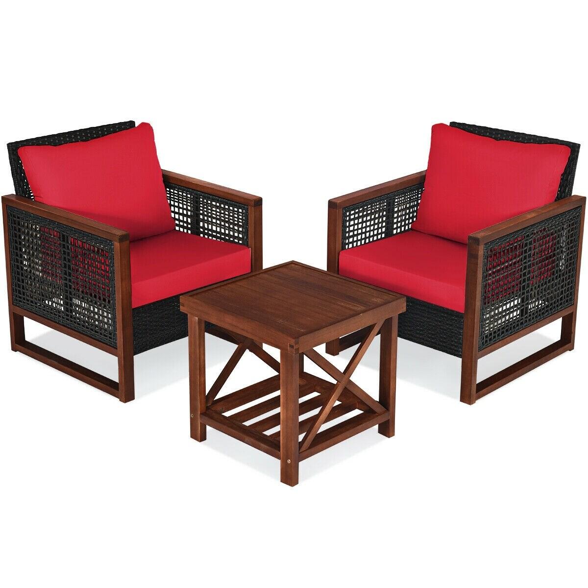 Costway 3PCS Patio Wicker Furniture Set Solid Wood Frame Cushion Sofa w/ Square Table Shelf Red