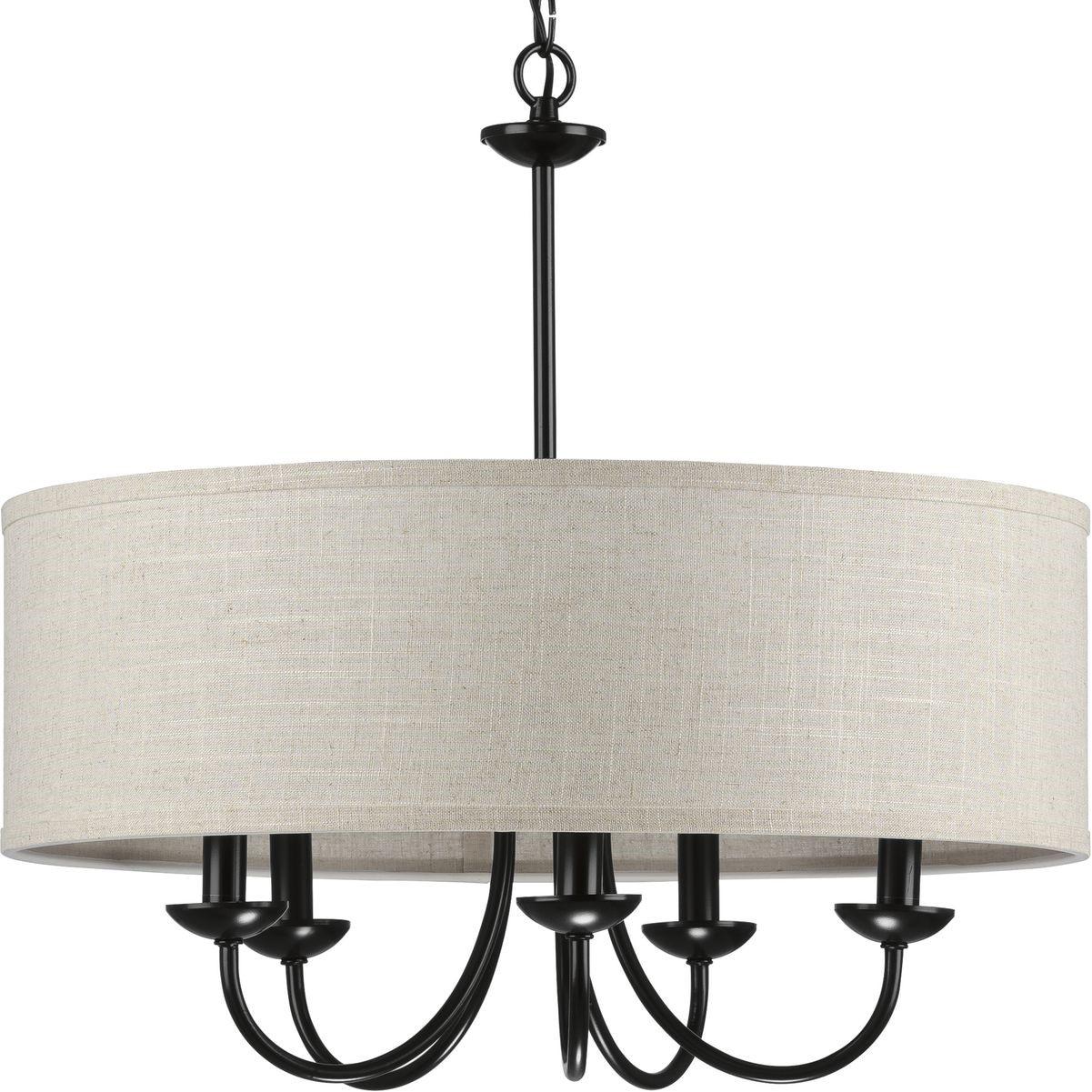 Progress Lighting, Drum Shade Collection, 5-Light Pendant, Black Finish, Harvest Linen Shade
