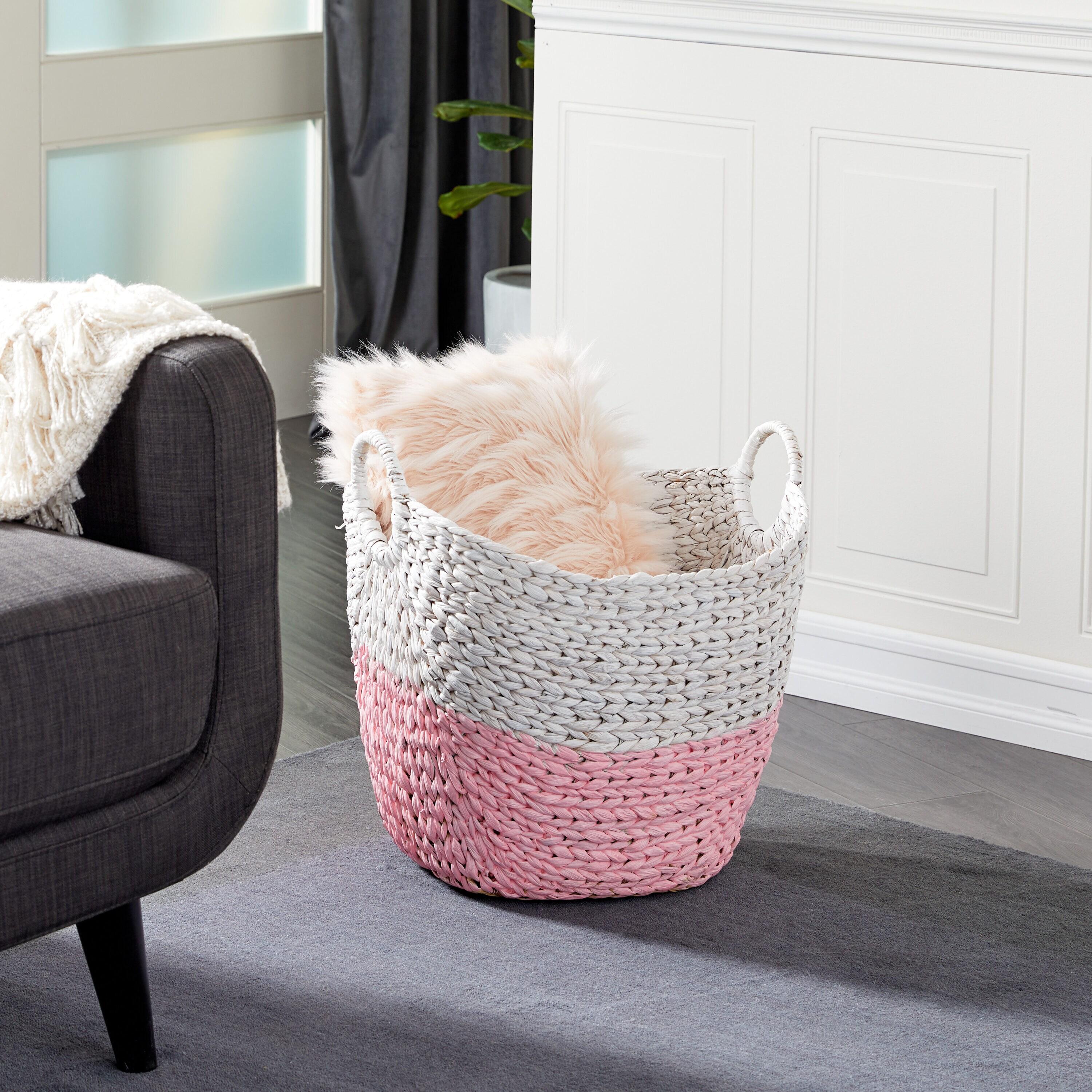Cosmoliving by Cosmpolitan Seagrass Contemporary Woven Storage Basket 21"W x 19"H, with Daisy White Finish and Half Dipped Pink Accent