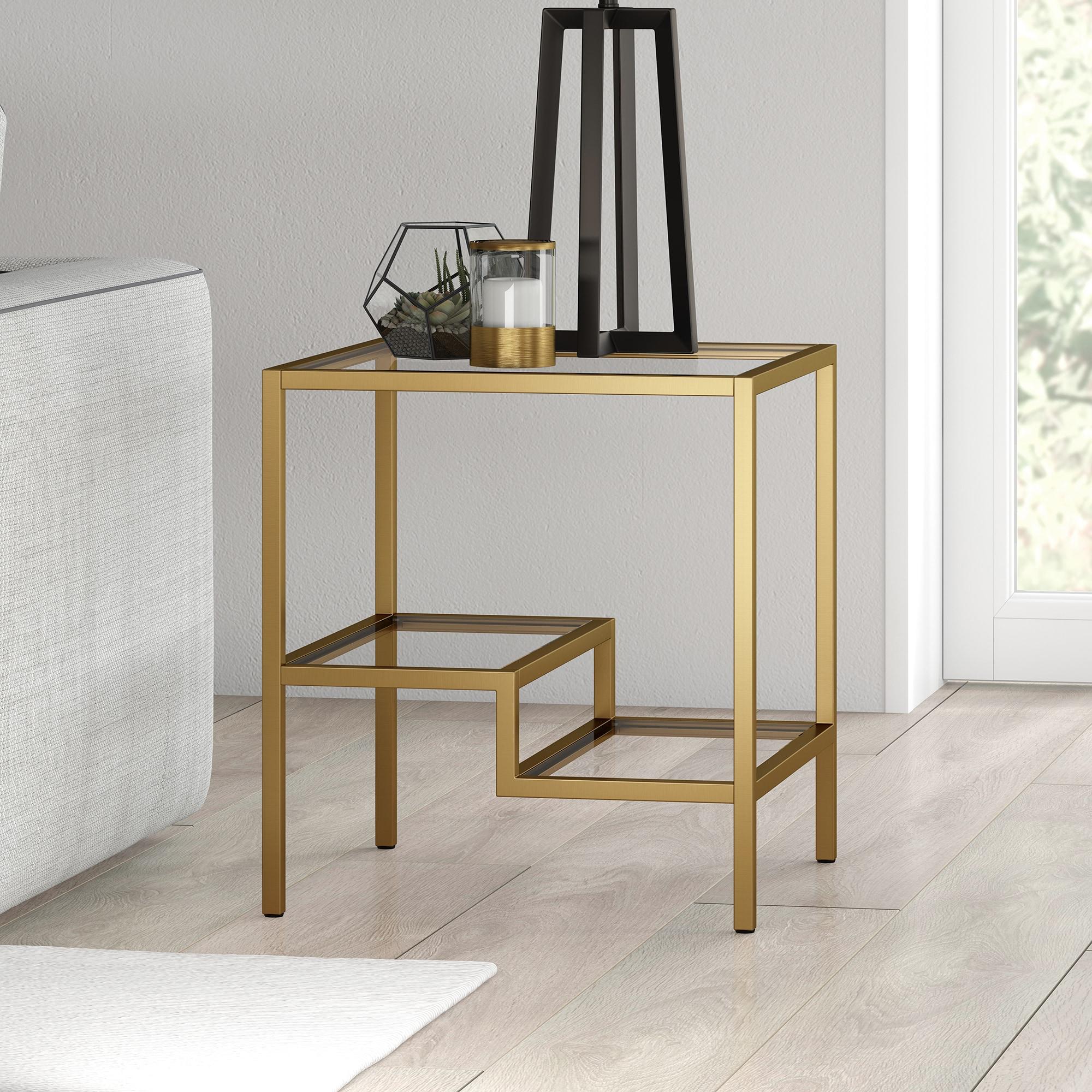 Evelyn&Zoe Lovett 20" Wide Square Side Table, Brass
