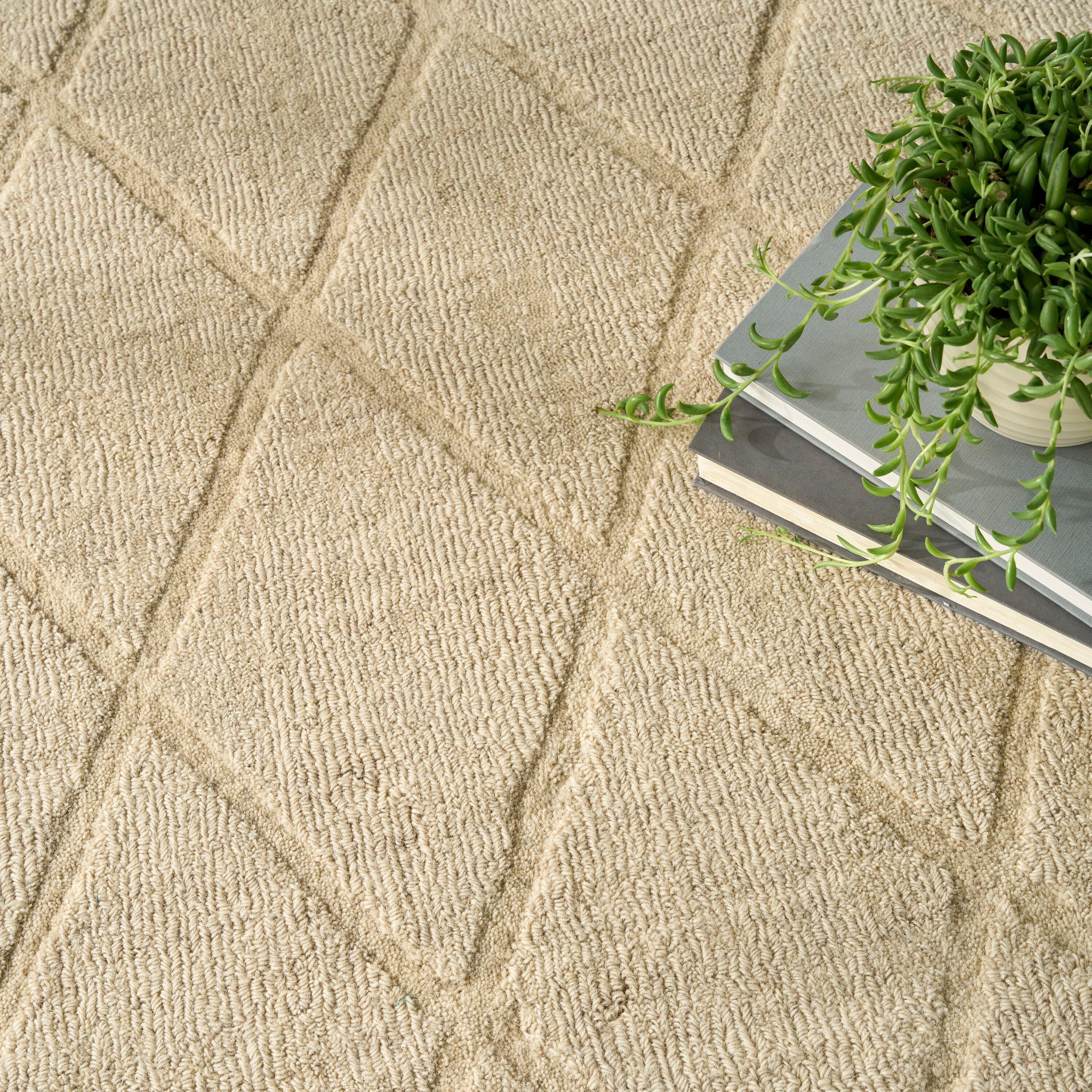 Nourison 5'3"x7'3" Wool Haven Modern Handwoven Area Rug Beige: Geometric Diamond Pattern, Medium Pile, Hand-Carved