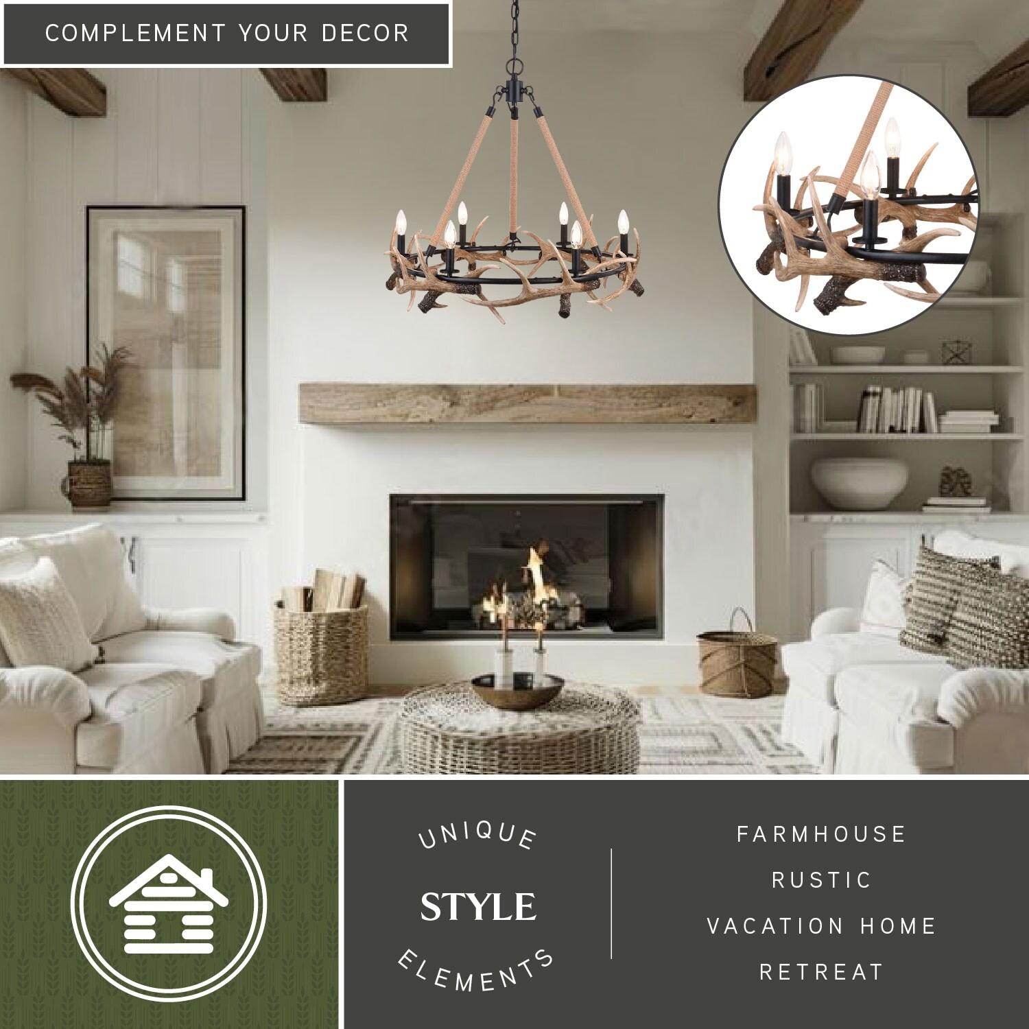 Vaxcel Breckenridge 6 Light Bronze Rustic Antler Chandelier Natural Rope Accent