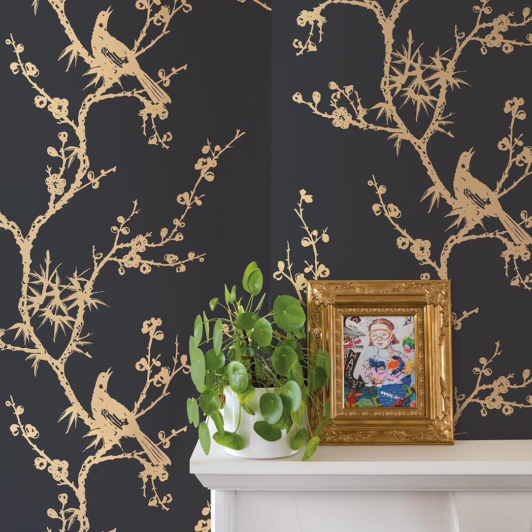 Tempaper & Co.® x Cynthia Rowley Bird Watching Removable Peel and Stick Wallpaper, Black and Gold, 56 sq ft: Vinyl, Self-Adhesive