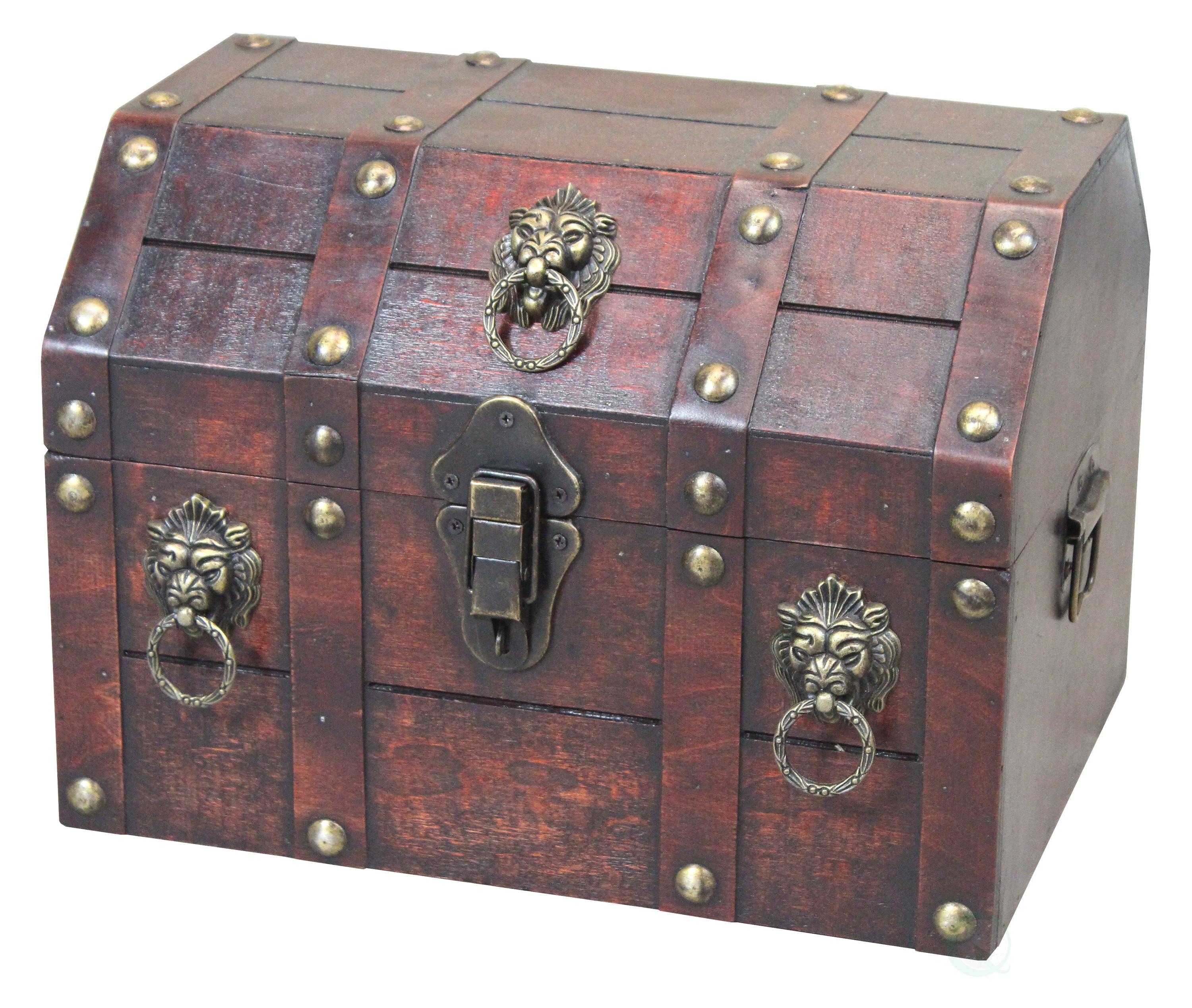 Quickway Imports Antique Wooden Pirate Treasure Chest with Lion Rings and Lockable Latch