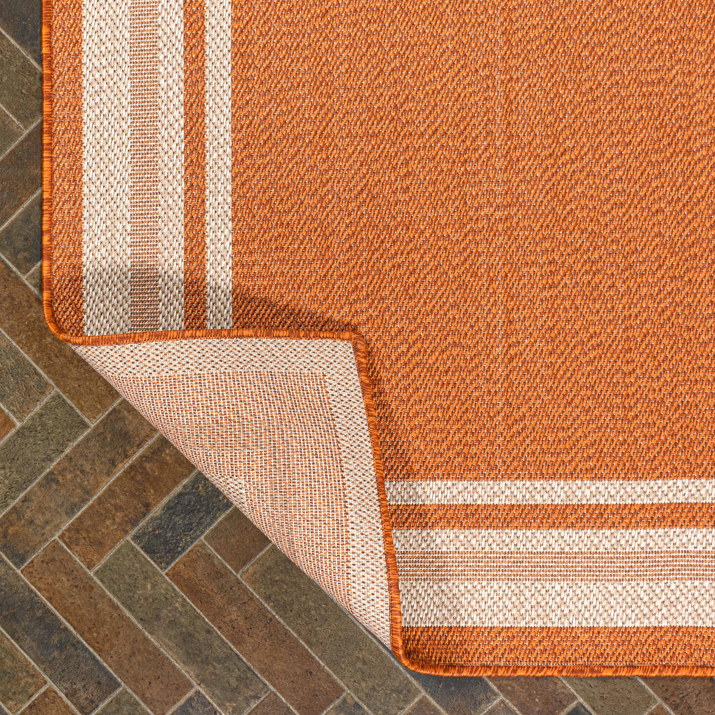 2' x 8' James Modern Border Stripe Indoor/Outdoor Runner Rug, Orange/Cream - JONATHAN Y