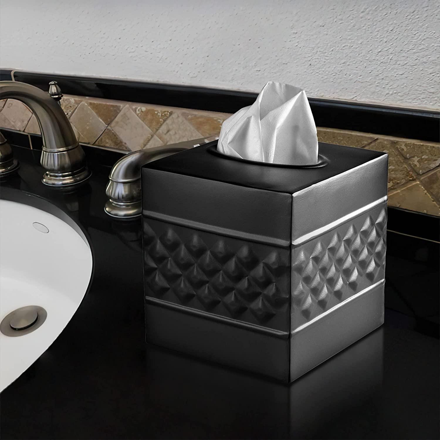 Monarch Abode Tissue Box Cover, Hand Hammered, Metal, Square Tissue Box Holder, Black