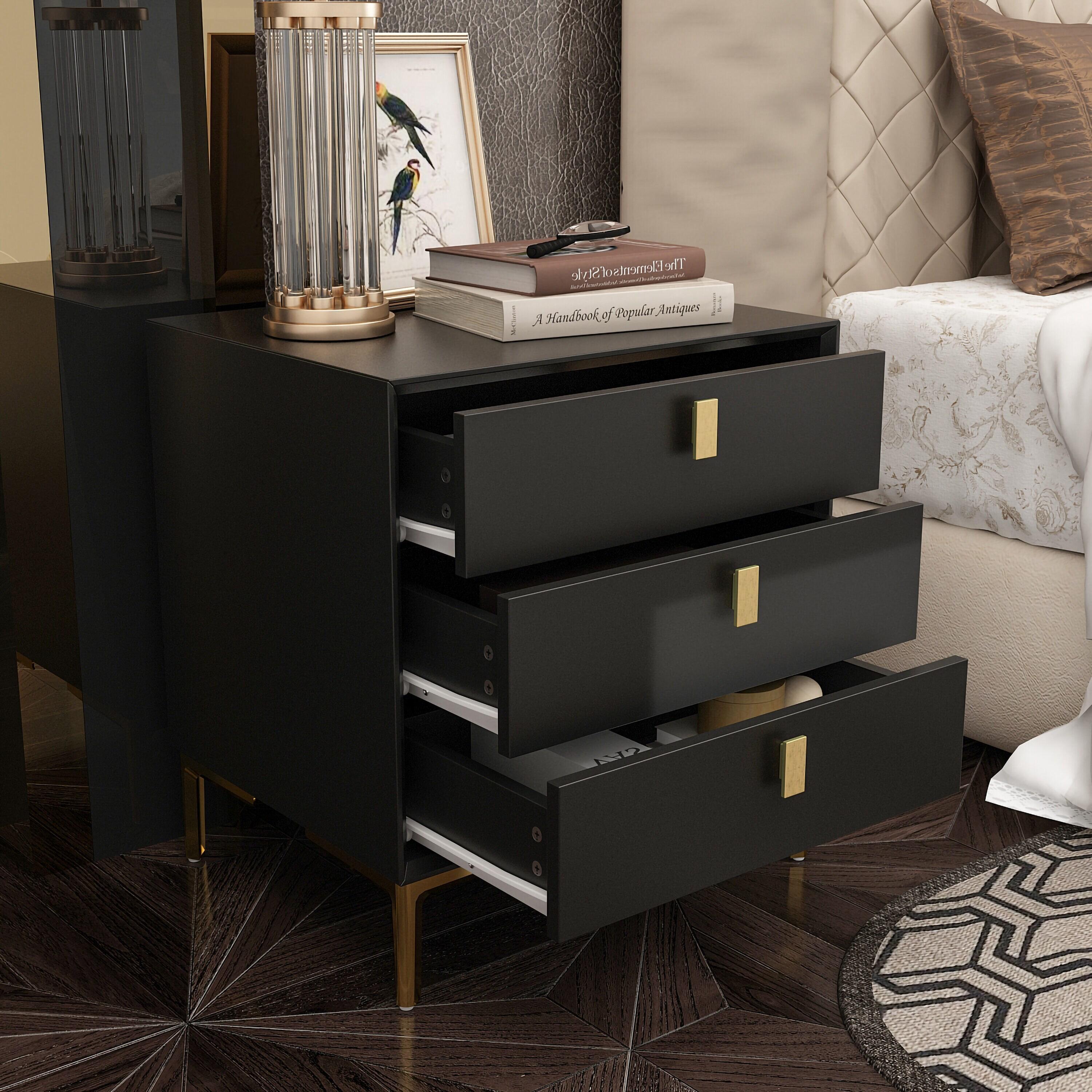 FUFU&GAGA Black Nightstand Sideboard Table 3-drawer