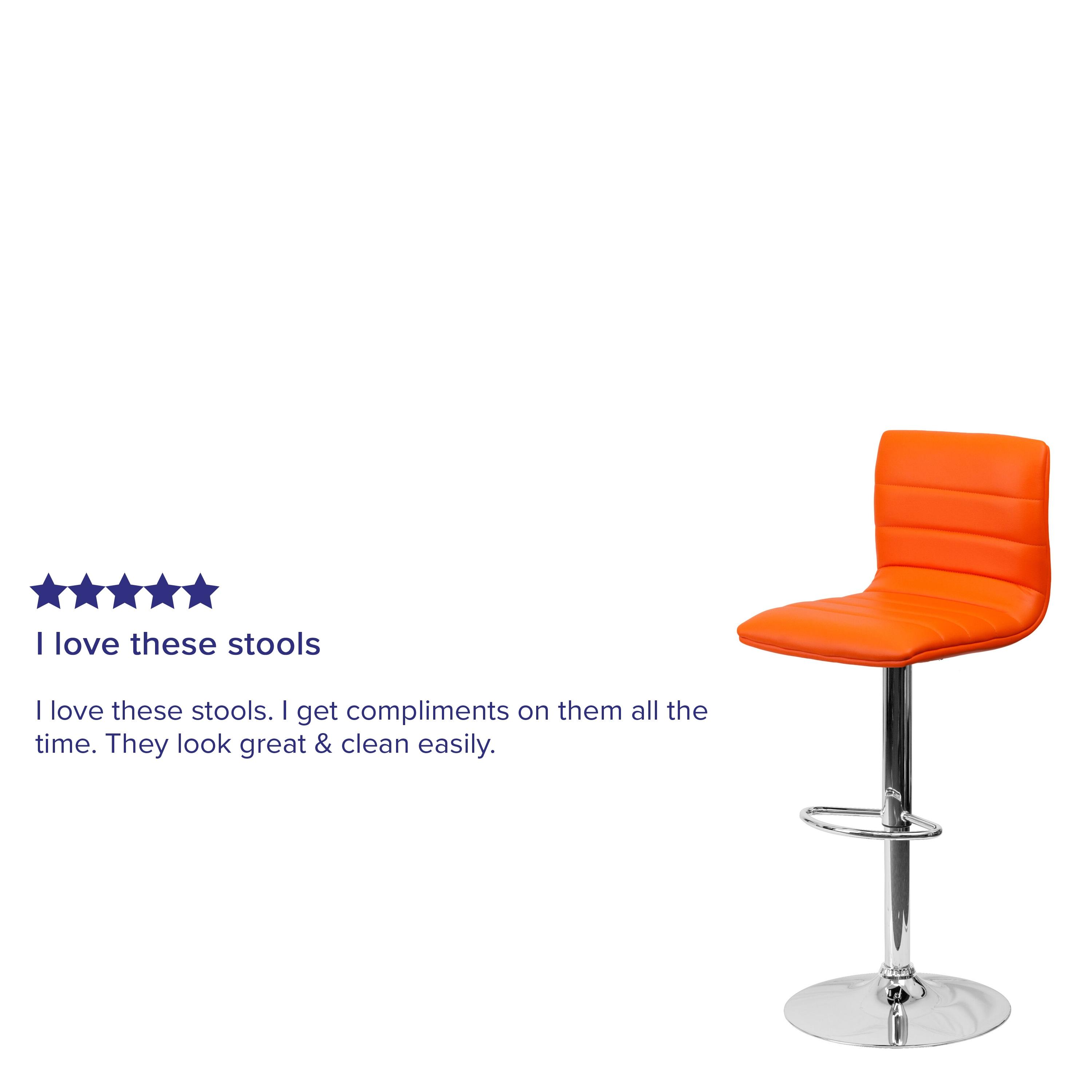 Flash Furniture Modern Orange Vinyl Adjustable Bar Stool with Back, Counter Height Swivel Stool with Chrome Pedestal Base