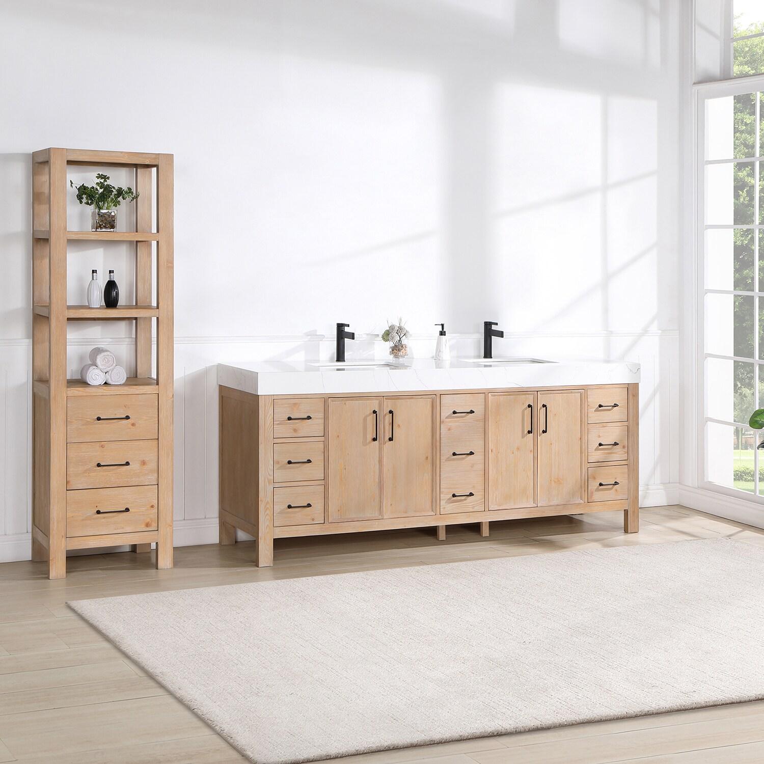 Vinnova Leon 84" Wood Double Vanity with Adjustable Drawer in Brown/White