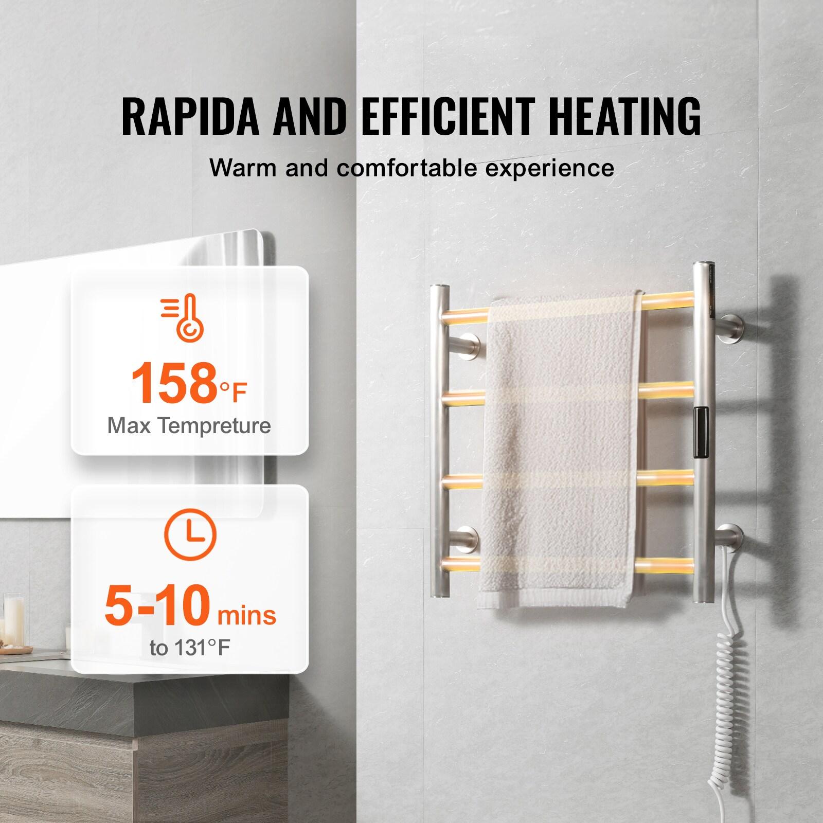 VEVOR 4 Bars Towel Warmer Rack, Wall Mounted Heated Towel Rack for Bathroom, IPX5 Waterpoof Towel Heater Rack with Timer & LED Display Screen, 5 Levels Adjustable Temperature Towel Heater, Silver
