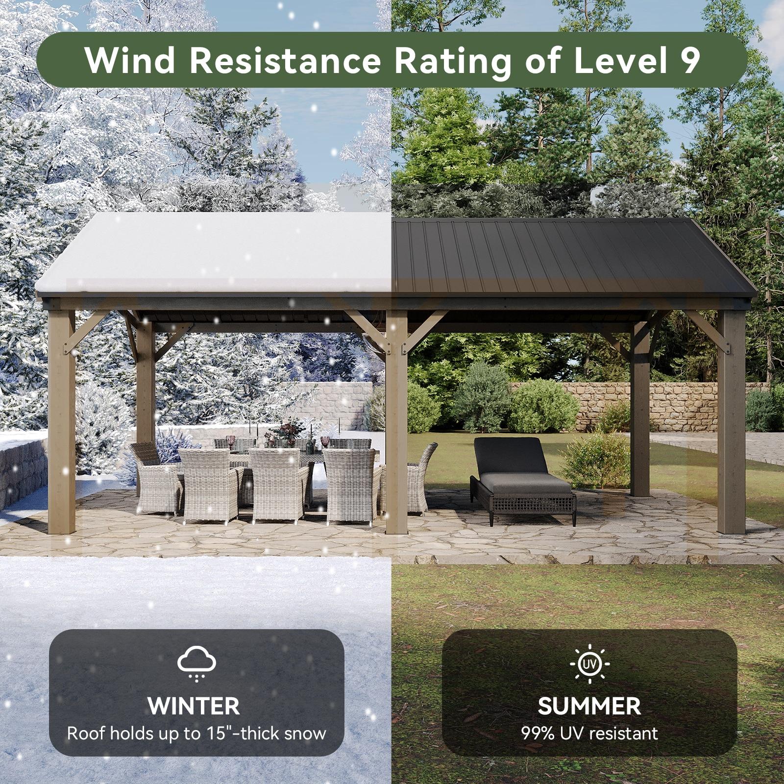 Aoxun 12' x 20' Outdoor Wood Gazebo, Hardtop Gazebo Permanent Wooden Pavilion with Galvanized Steel Gable Roof, for Patio, Garden, Deck, Cedar Wood