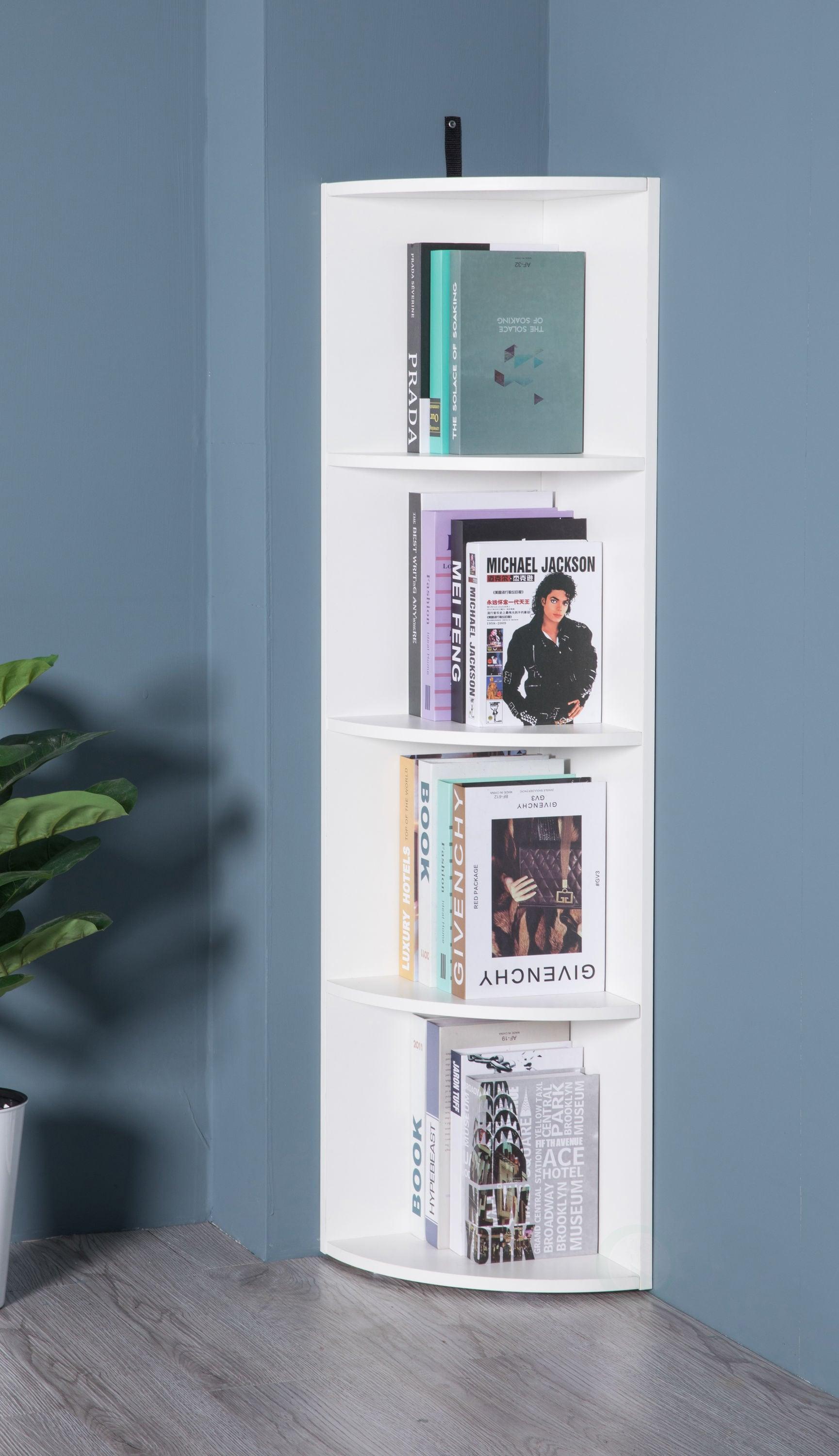 Basicwise Durable 4-Tier Wooden Corner Bookshelf, Perfect for Tiny Home, Office Space, Shelves for Bedroom, Classroom, & Library Shelving Needs, White