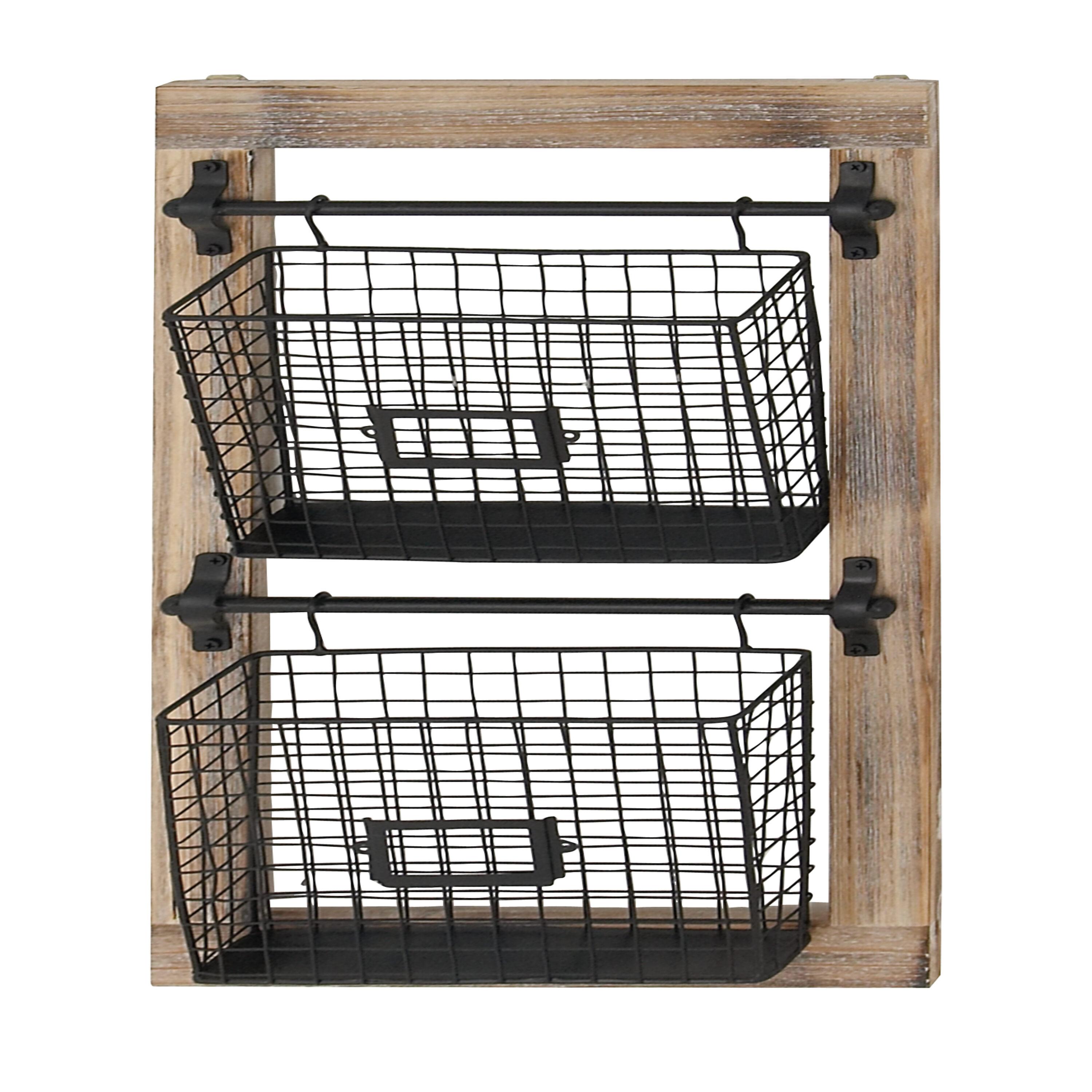 DecMode 25" Black Wood 2 Slots Magazine Rack Holder with Suspended Baskets and Label Slot