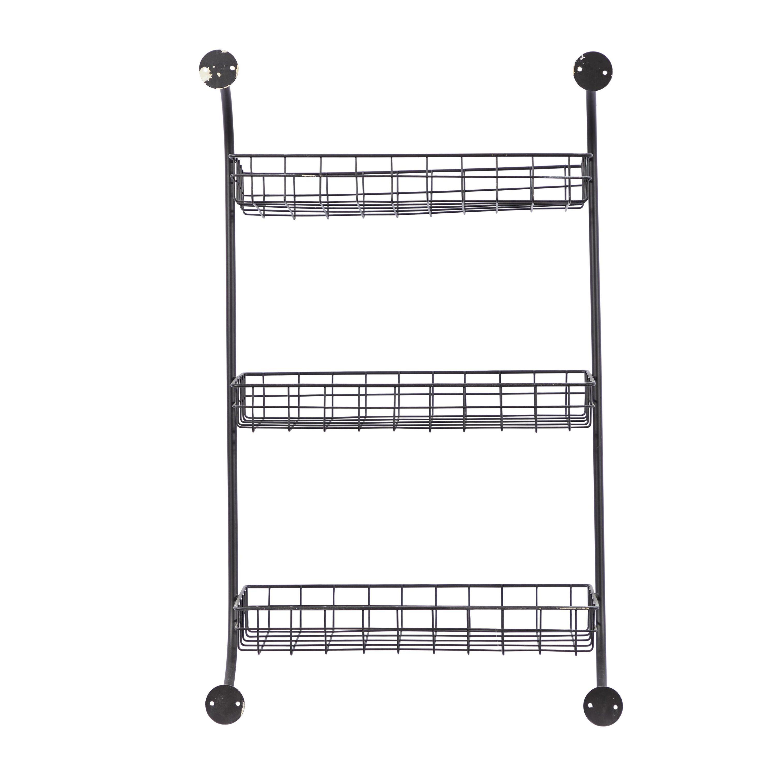 DecMode 21" x 10" 3-Tier Black Wall Shelf with Suspended Baskets