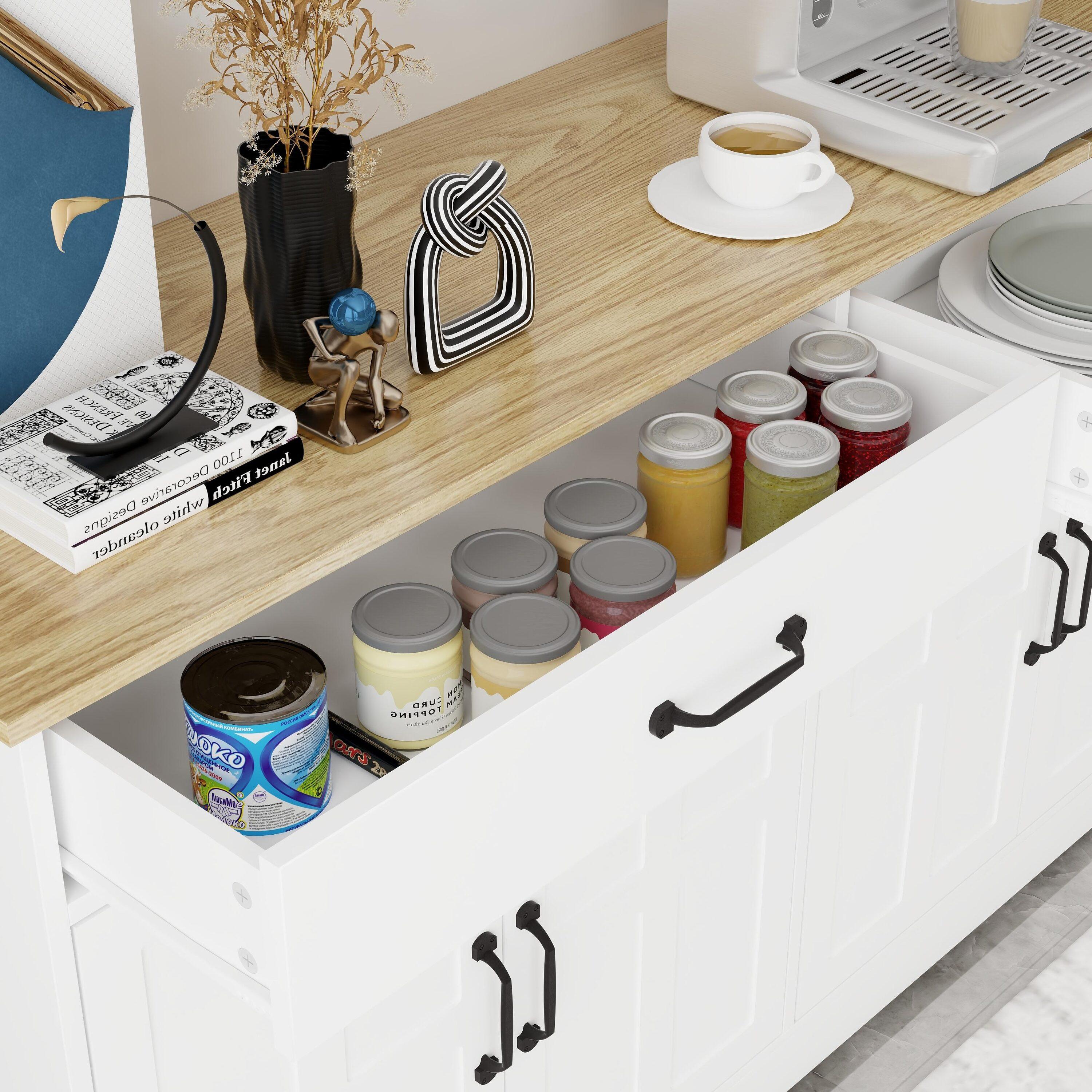 White Farmhouse Wood Buffet Cabinet with Black Metal Handles