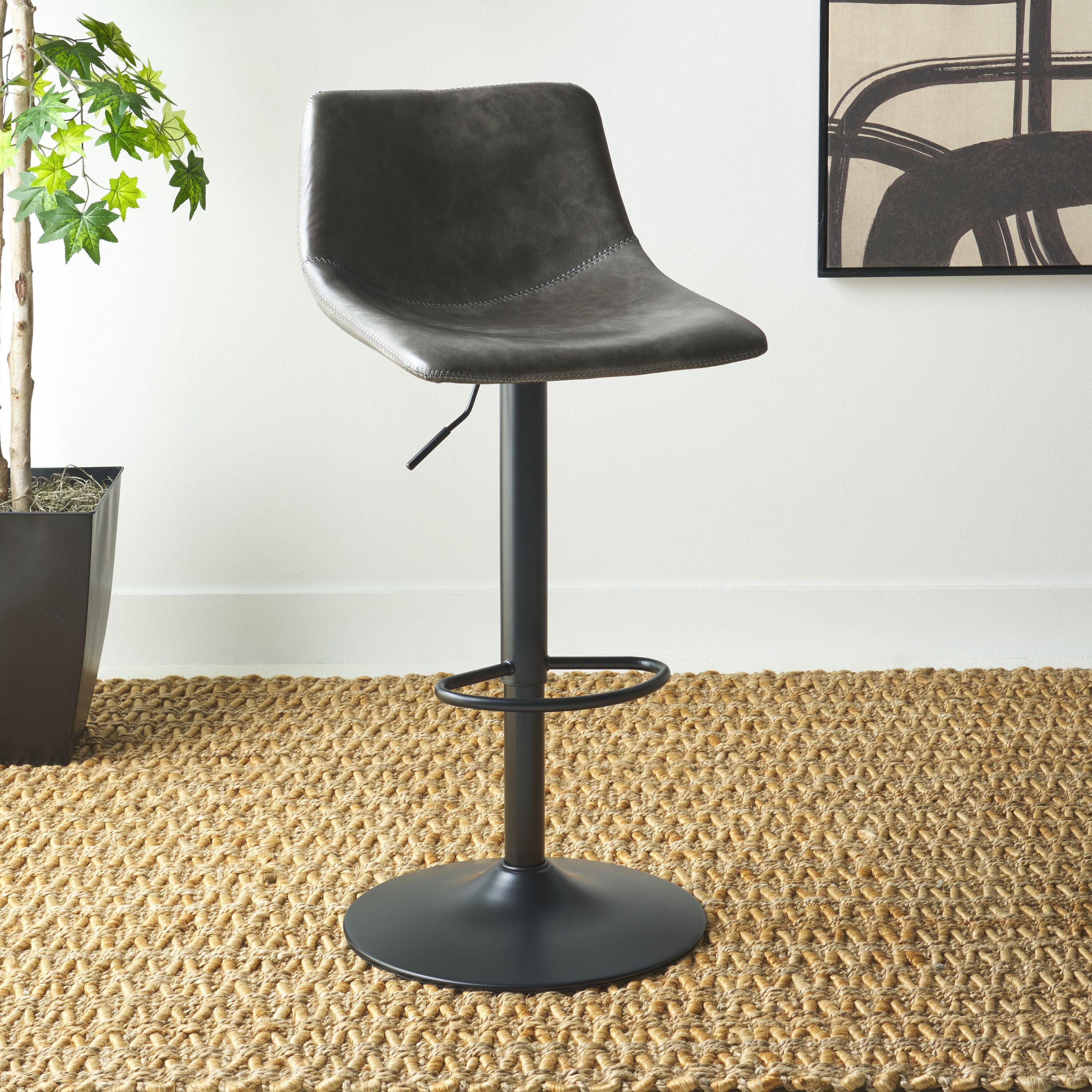 Aelin Adjustable Gray Faux-Leather Swivel Bar Stool with Black Metal Base
