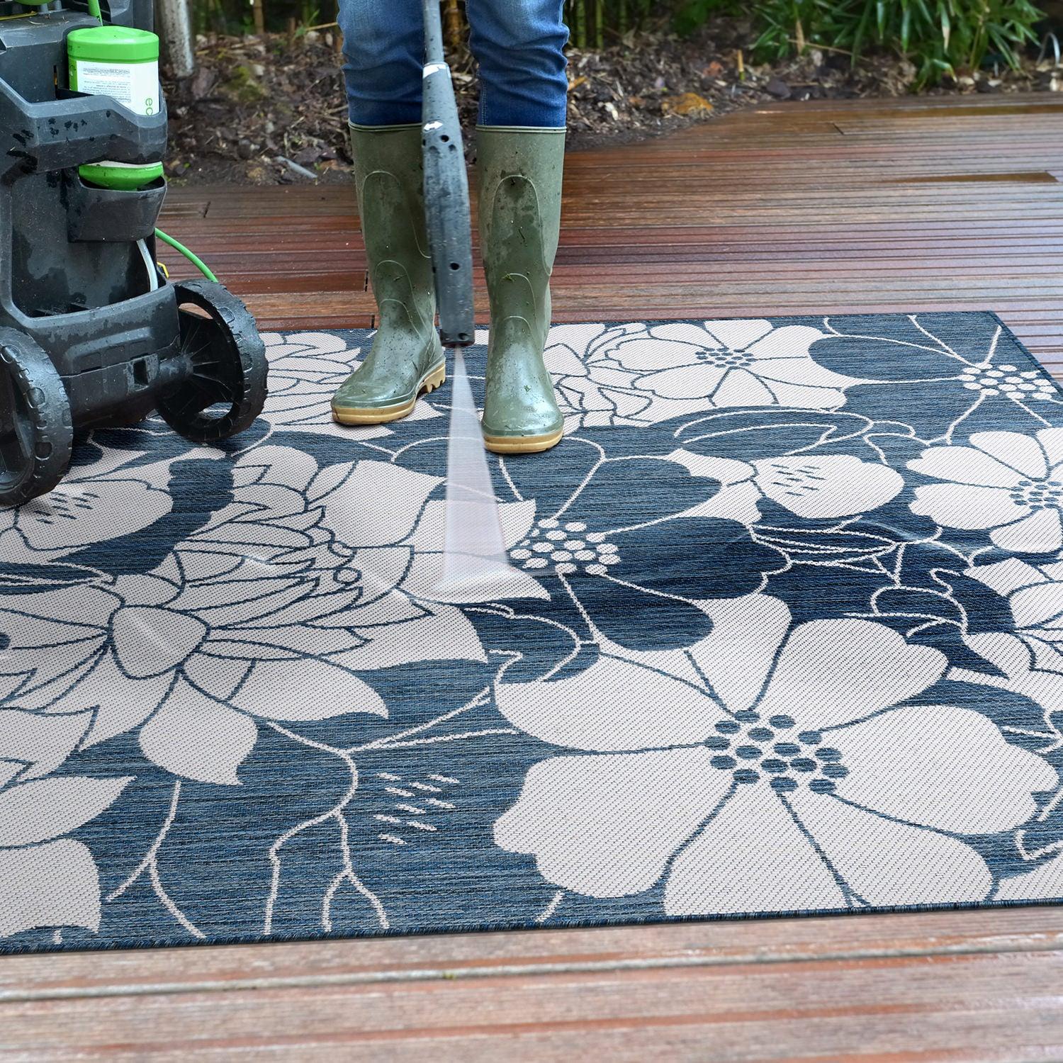 World Rug Gallery Modern Floral Flowers Textured Flat Weave Indoor/Outdoor Area Rug - NAVY 5' X 7'