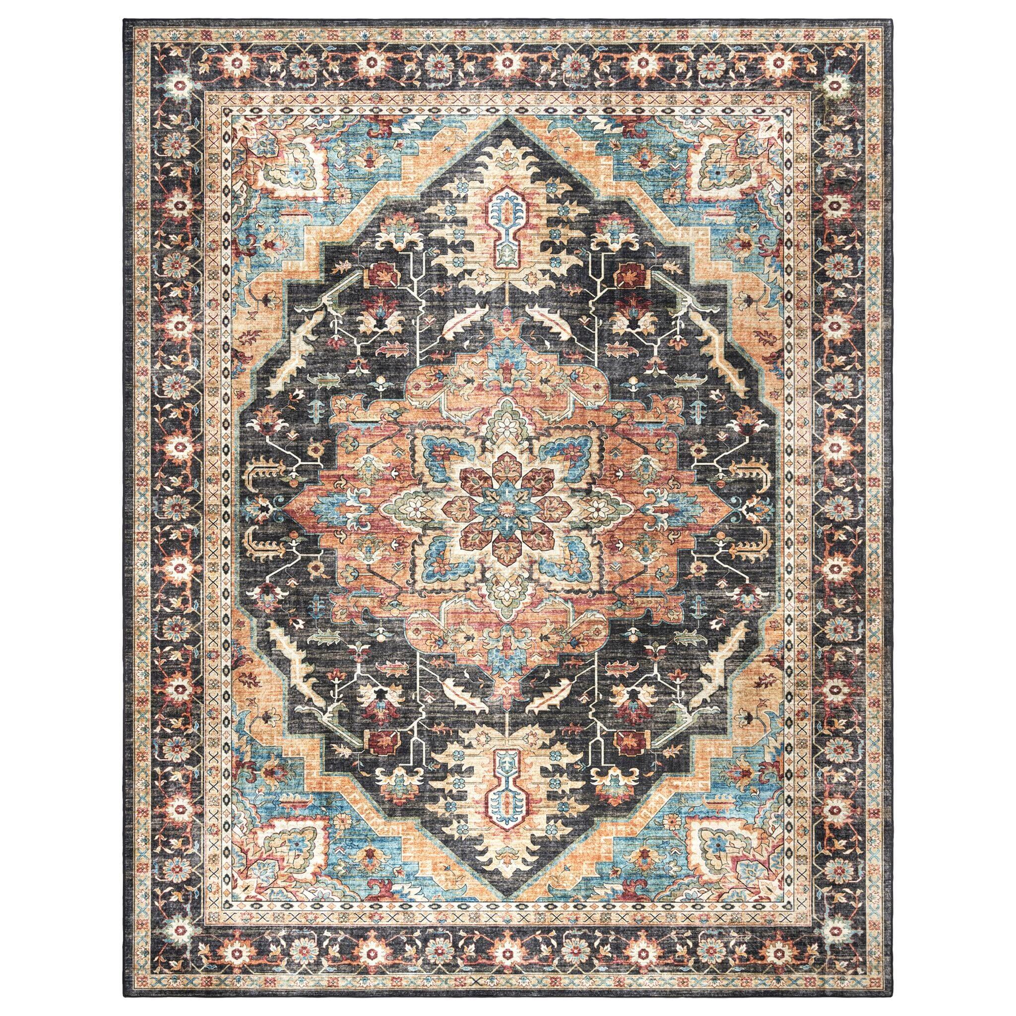 Gertmenian Crystal Print Tiefi Black Beige Multi Traditional Medallion Washable Flat Pile Indoor Area Rug