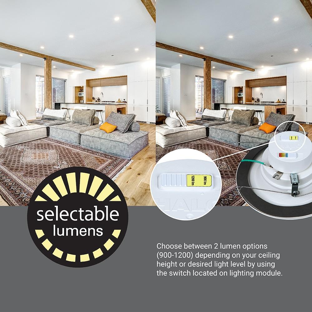 HALO RL Series 5/6 inch Recessed LED Retrofit Light, Selectable CCT 2700K-5000K Integrated LED, Dim to Warm, White Retrofit Baffle Trim, 600 Lumens