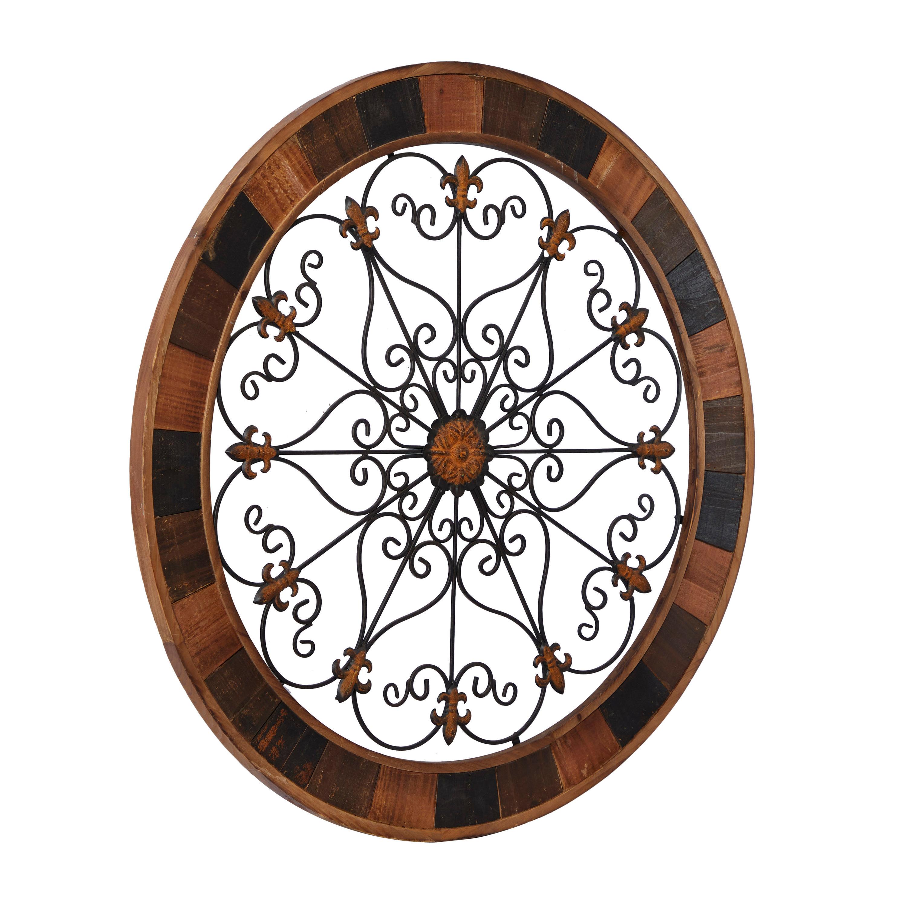 DecMode Brown Wood Arabesque Scroll Wall Decor with Metal Fleur De Lis Relief