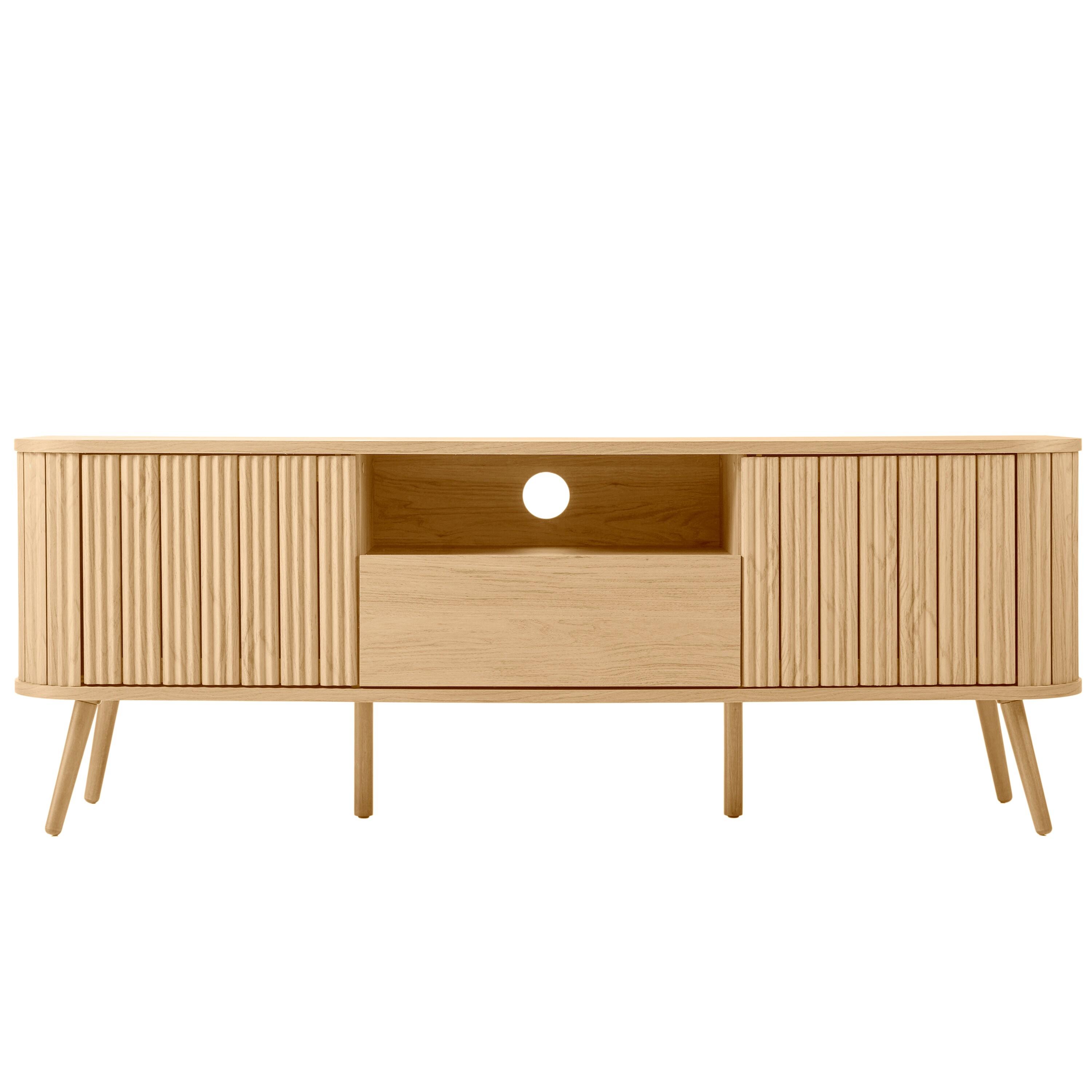 JONATHAN Y Damien 70 in. Farmhouse Curved TV Stand with Drawer and Storage Doors Fits TVs up to 75 in. with Cable Management, Oak