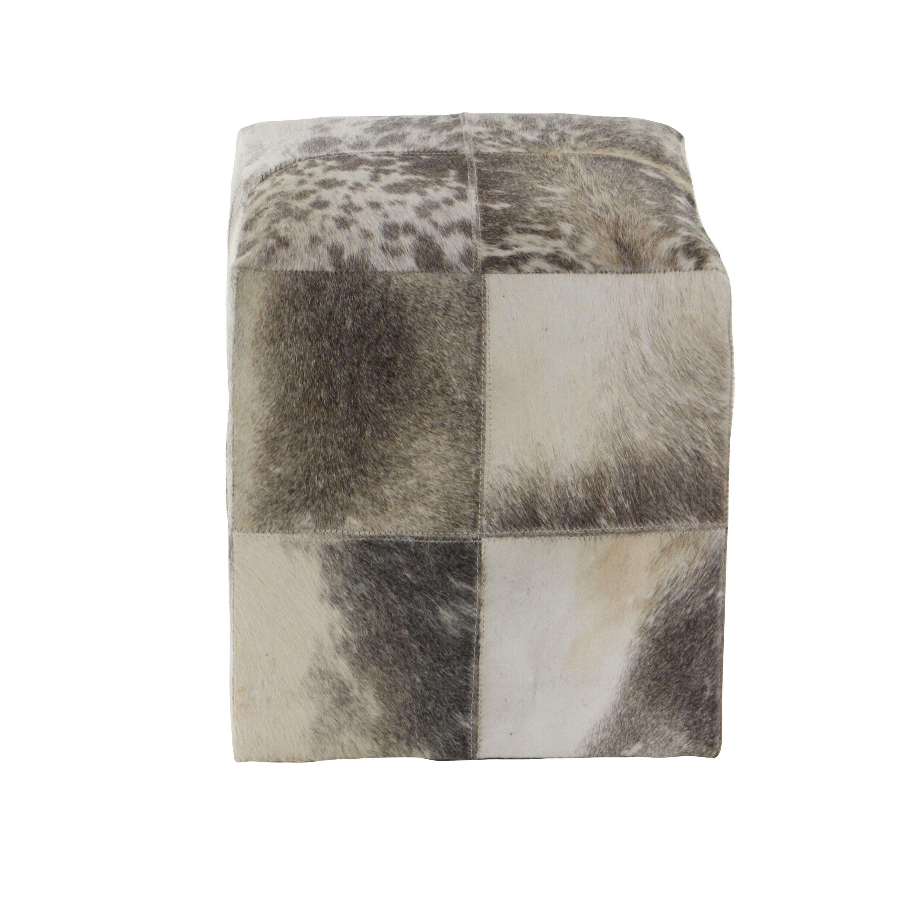DecMode Leather Handmade Cowhide Stool with Patchwork Pattern, Gray