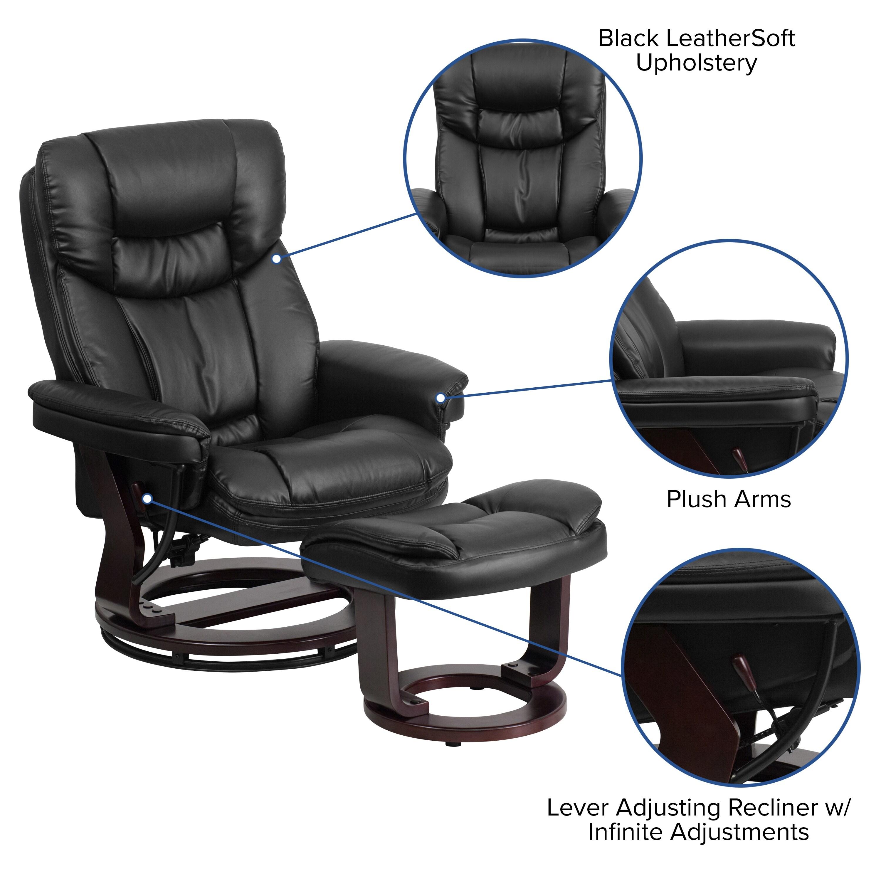 Flash Furniture Contemporary Multi-Position Recliner and Curved Ottoman with Swivel Mahogany Wood Base in Black LeatherSoft