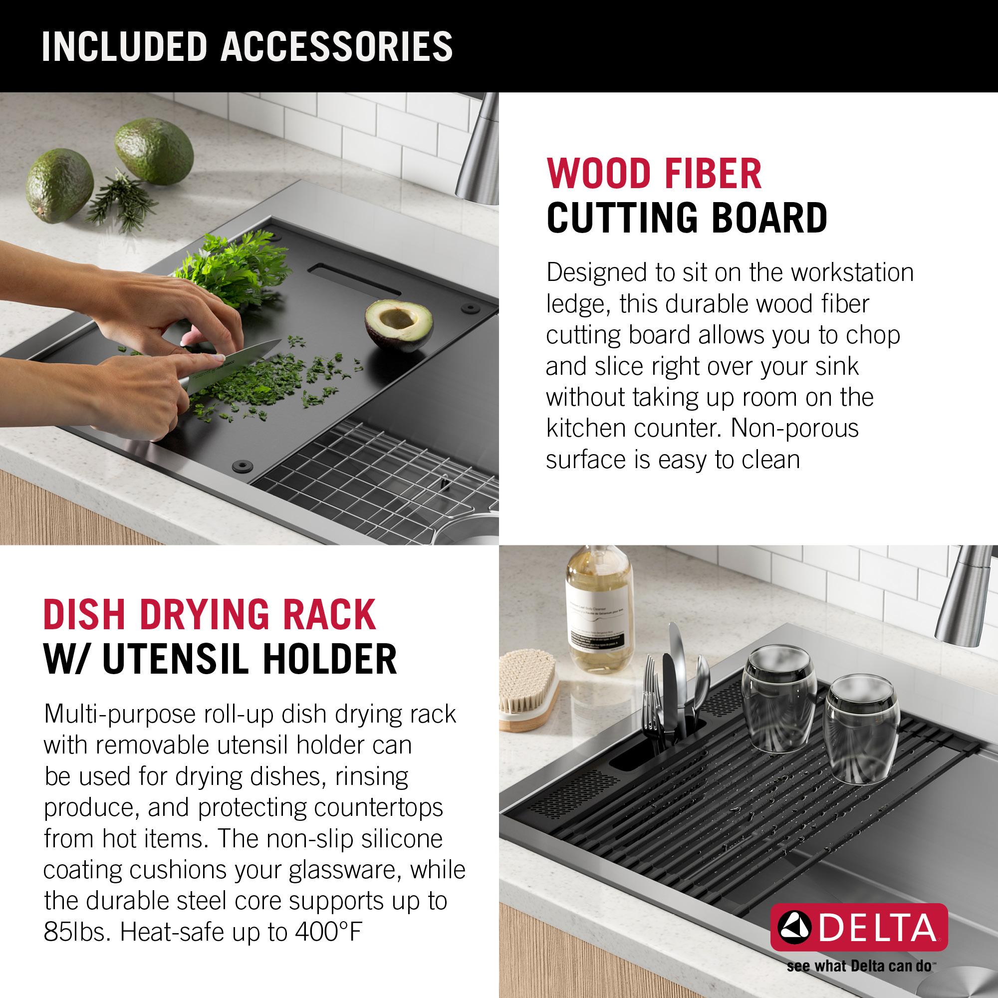 Delta Rivet™ 33" L Workstation Kitchen Sink Drop-In Top Mount 16 Gauge Stainless Steel 50/50 Double Bowl