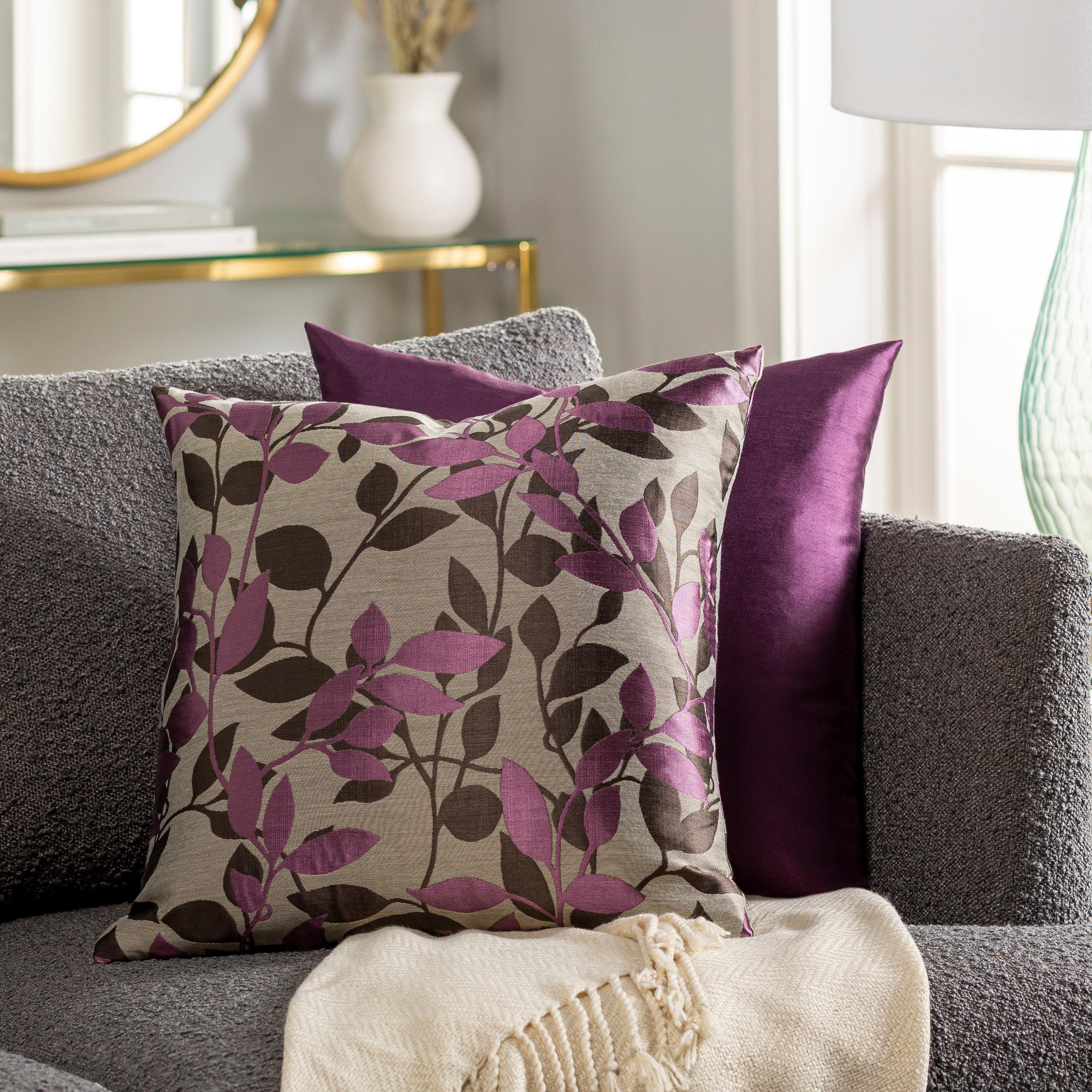 Bright Purple and Taupe Embroidered Square Pillow, 22-inch