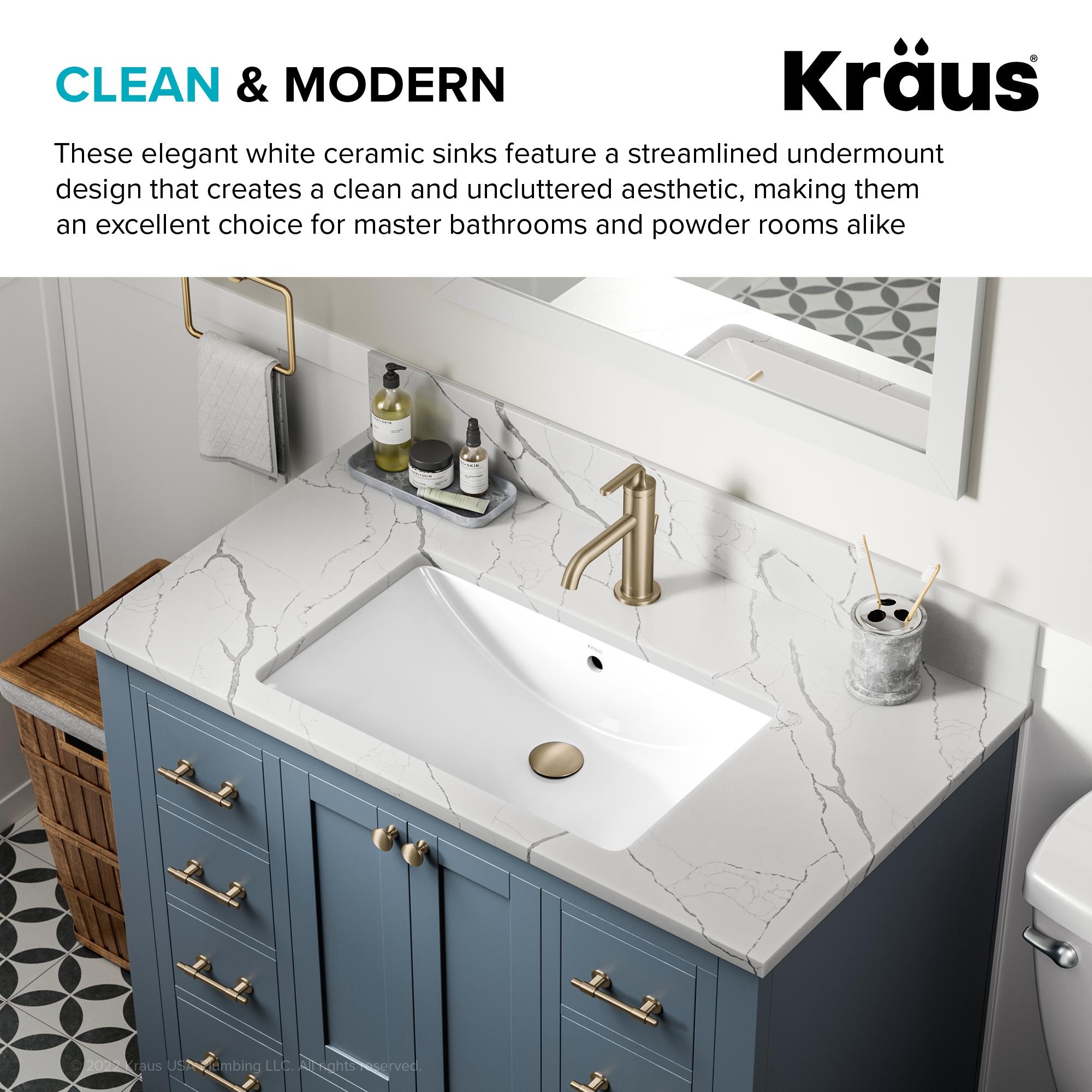 KRAUS Elavo. Rectangular Porcelain Ceramic Undermount Bathroom Sink In White With Overflow Drain, KCU-243