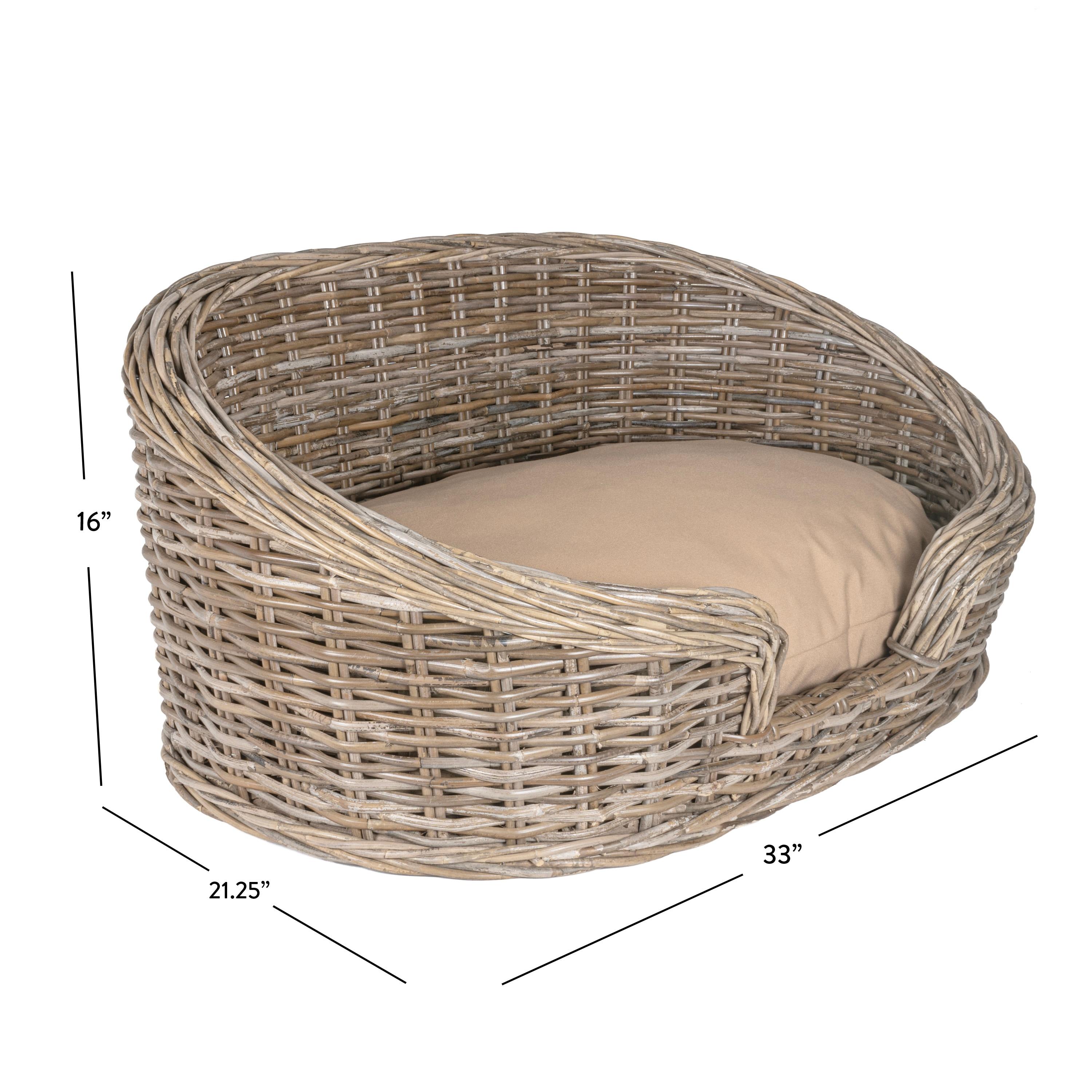 THE LICKER STORE Curvy 33" x 21.25" Classic Handwoven Rattan Dog Bed with Machine-Washable Cushion, Kubu Gray
