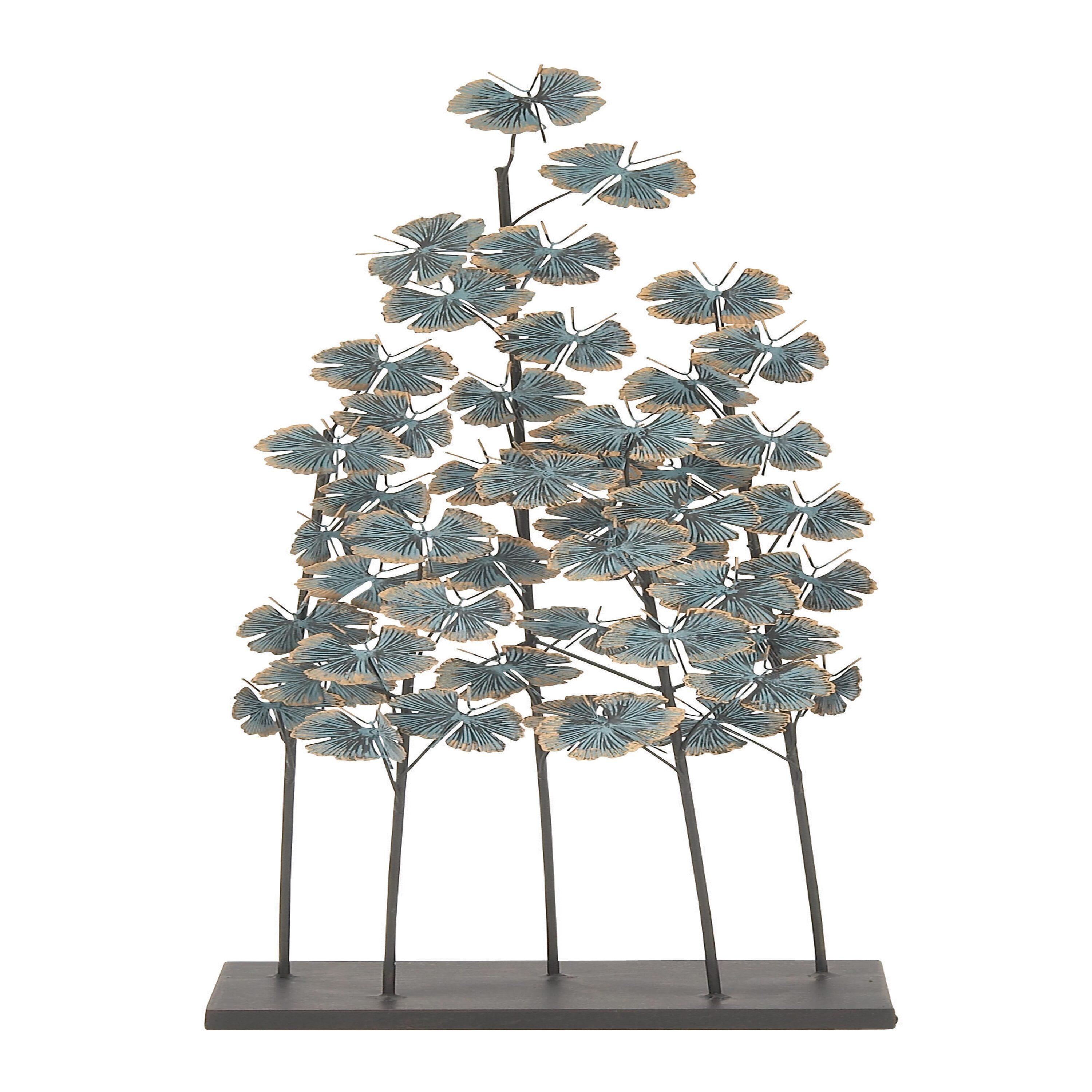 Teal and Gold Iron Leaf Sculpture with Flat Base