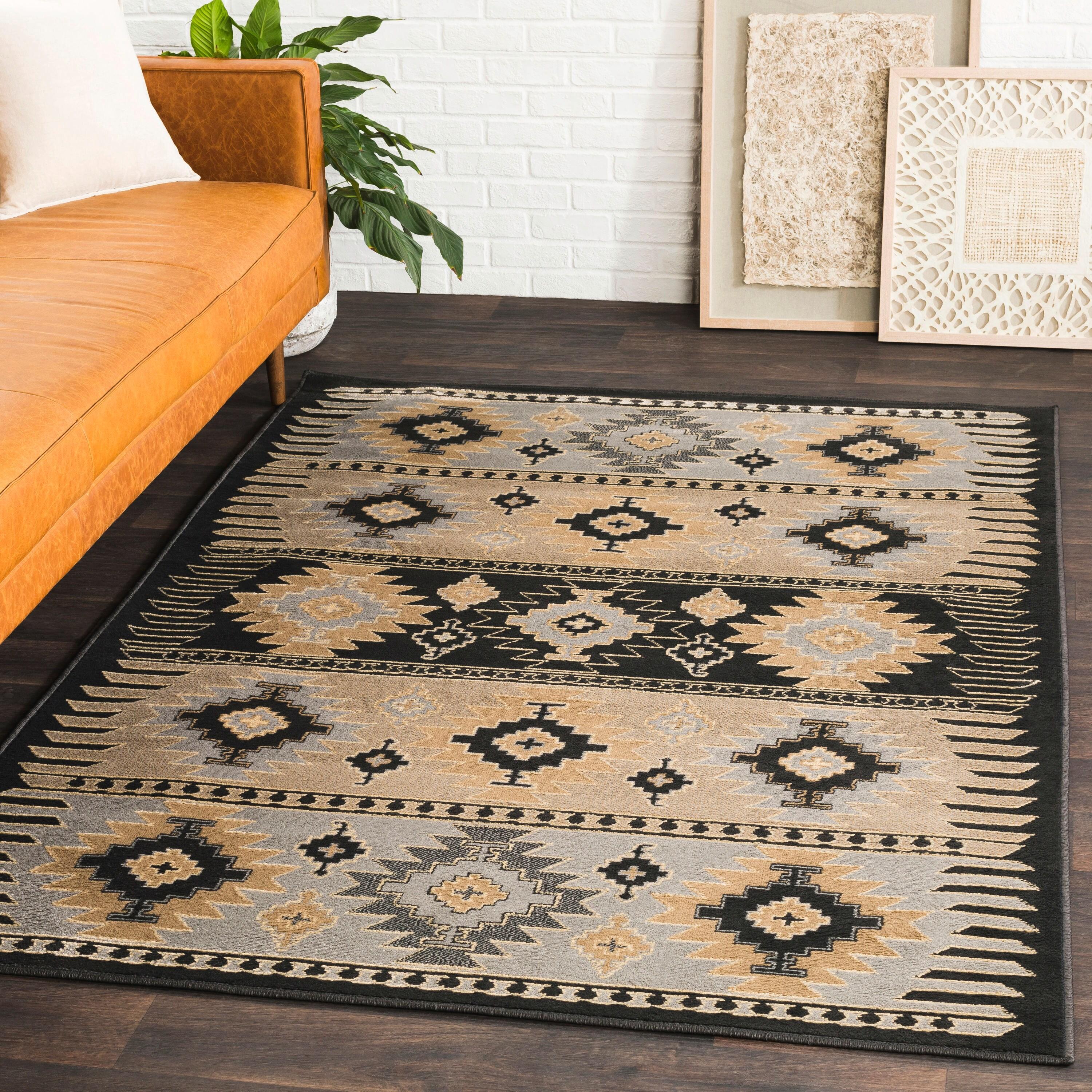 Greige and Black Synthetic Southwest Print Rectangular Area Rug