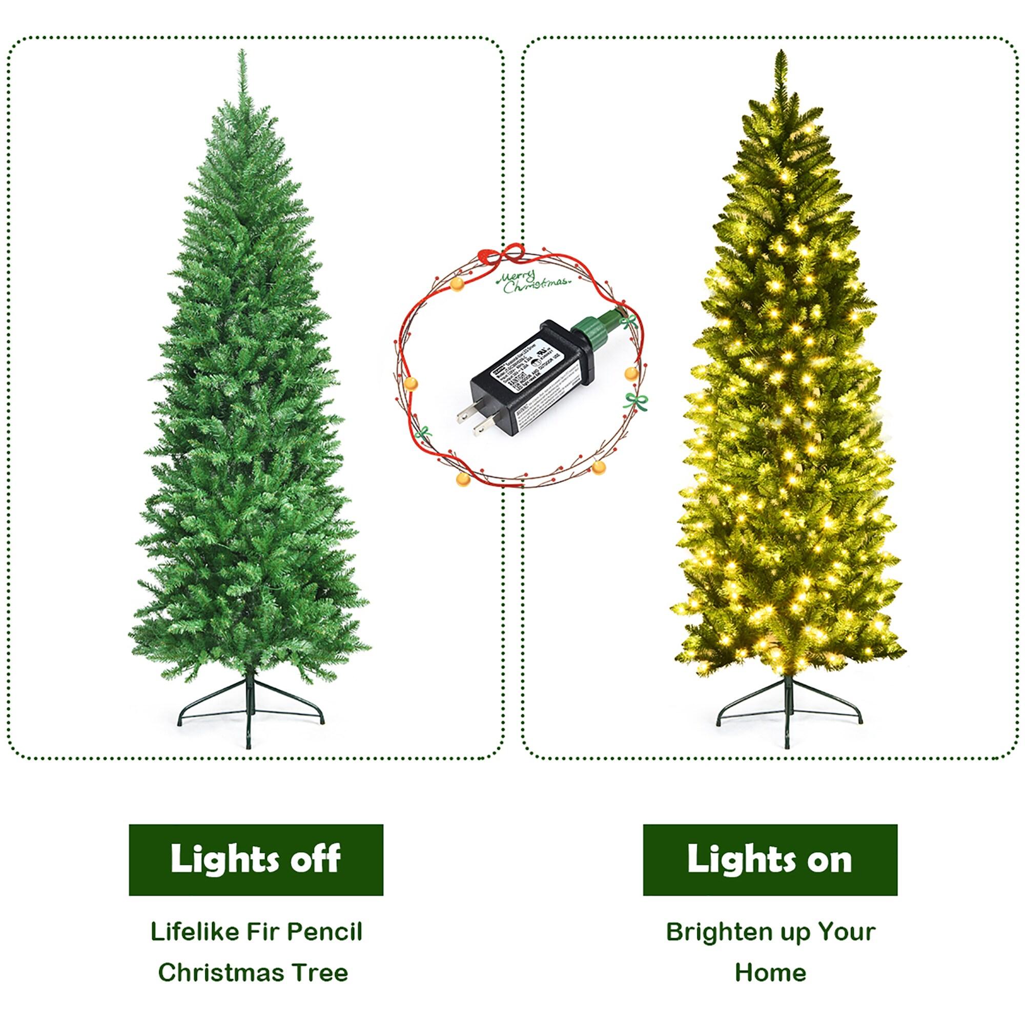 Costway 7Ft Pre-lit Artificial Pencil Christmas Tree Hinged Fir PVC Tree with 350 LED Lights