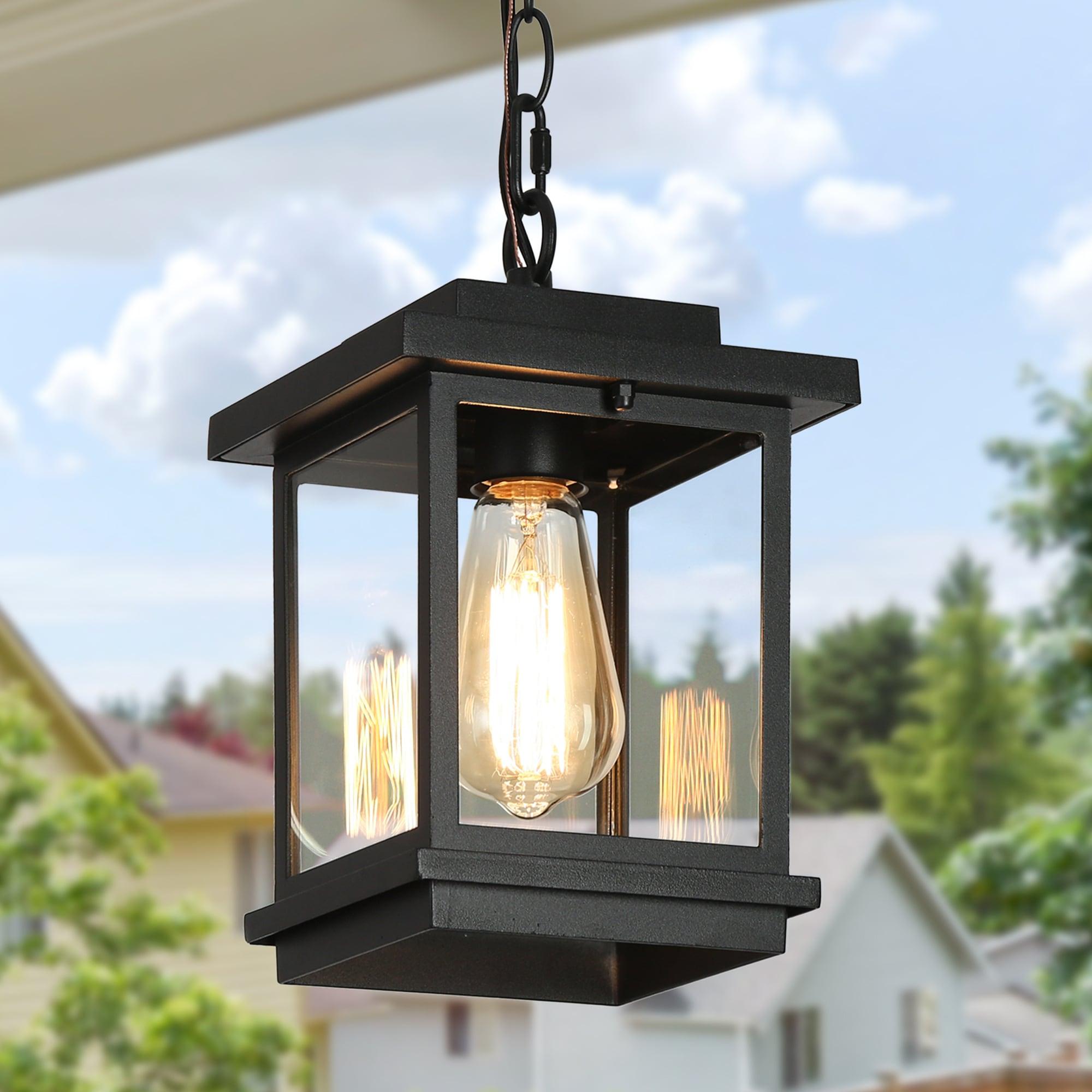 LNC 8" Square Cage Modern Outdoor Pendant Lamp Matte Black: Weather-Resistant, Glass Shade, E26