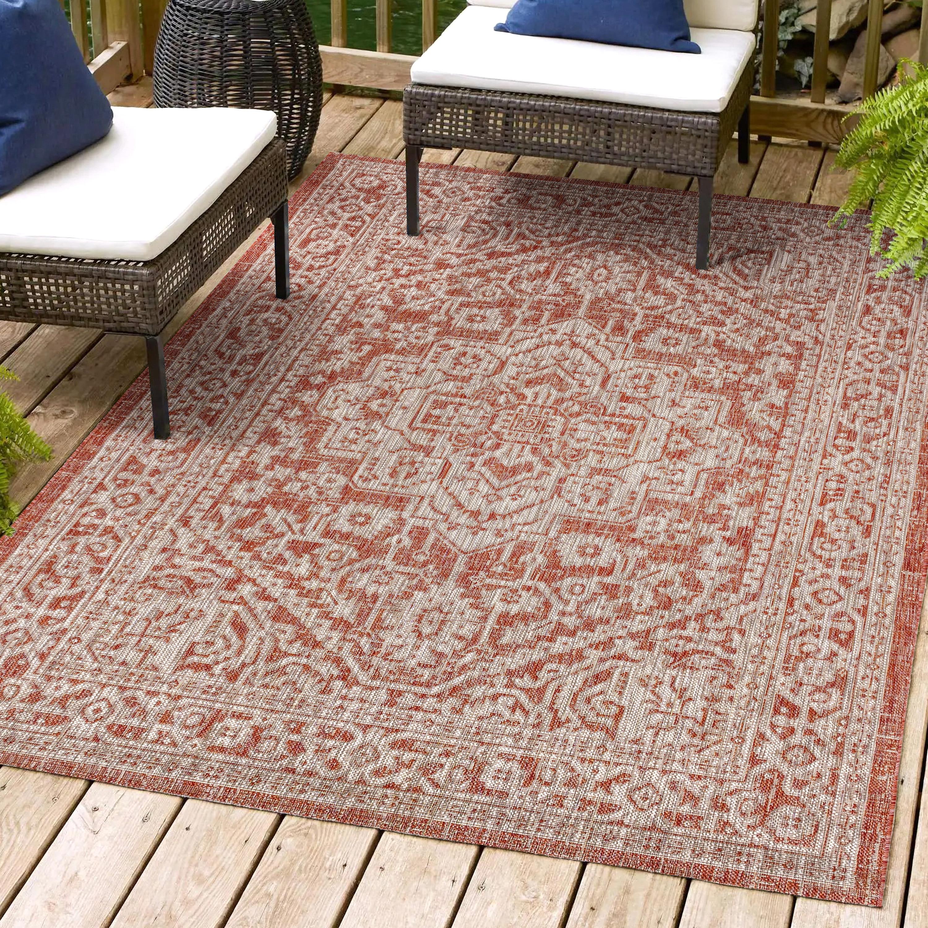 8'x10' Sinjuri Medallion Textured Weave Indoor/Outdoor Area Rug, Red/Taupe - JONATHAN Y