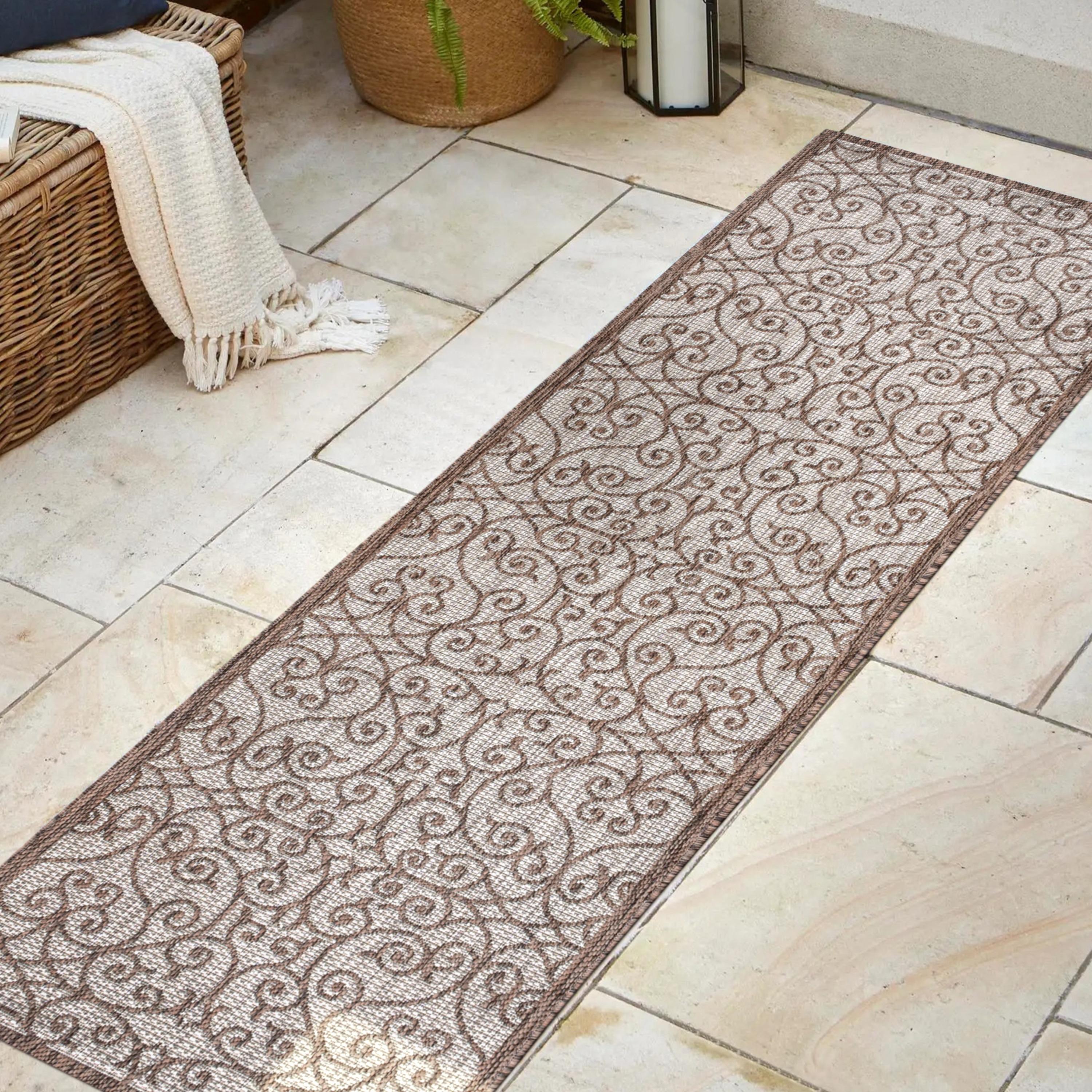 2'x8' Madrid Vintage Filigree Textured Weave Indoor/Outdoor Runner Rug, Taupe/Espresso - JONATHAN Y