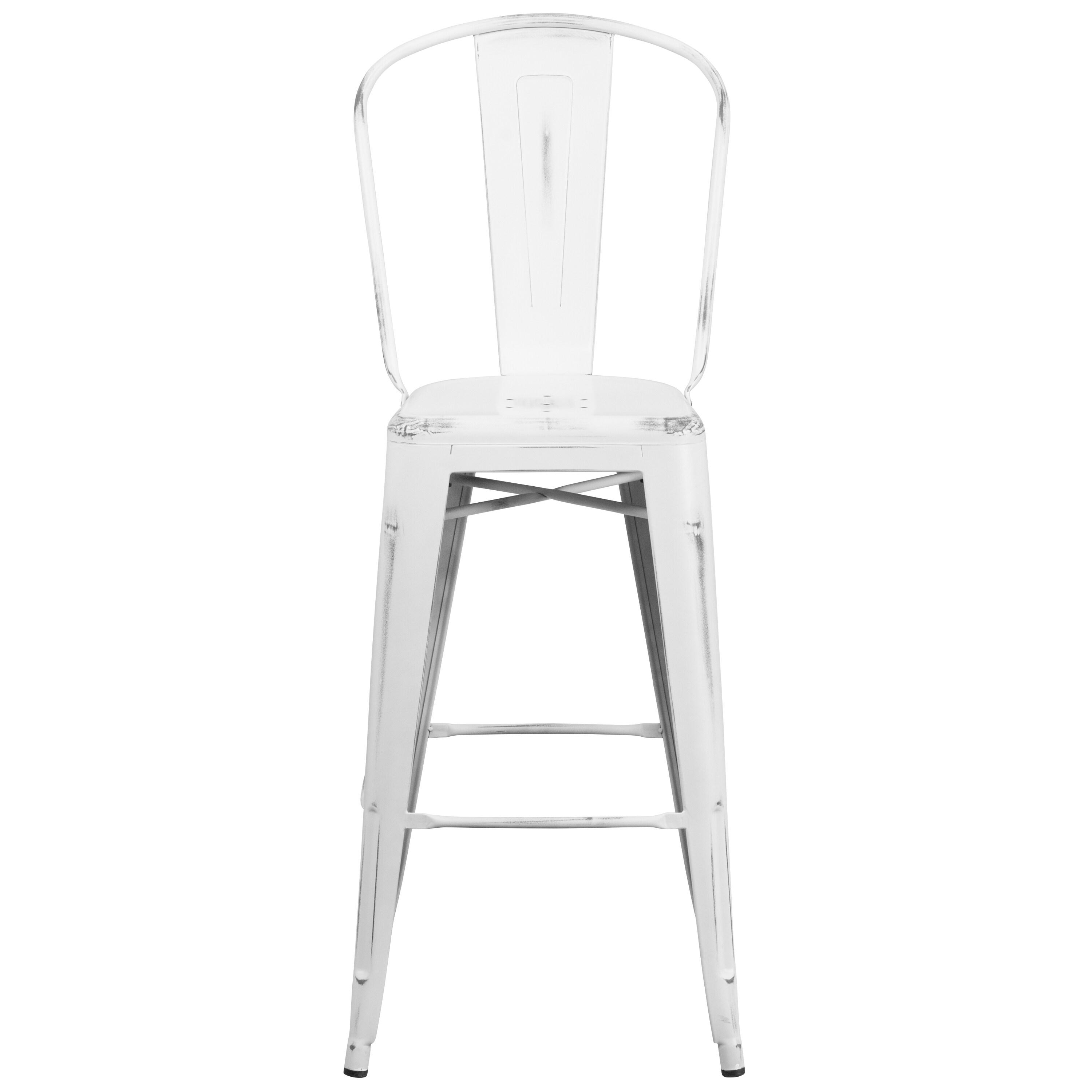 Flash Furniture Commercial Grade 30" High Distressed White Metal Indoor-Outdoor Barstool with Back