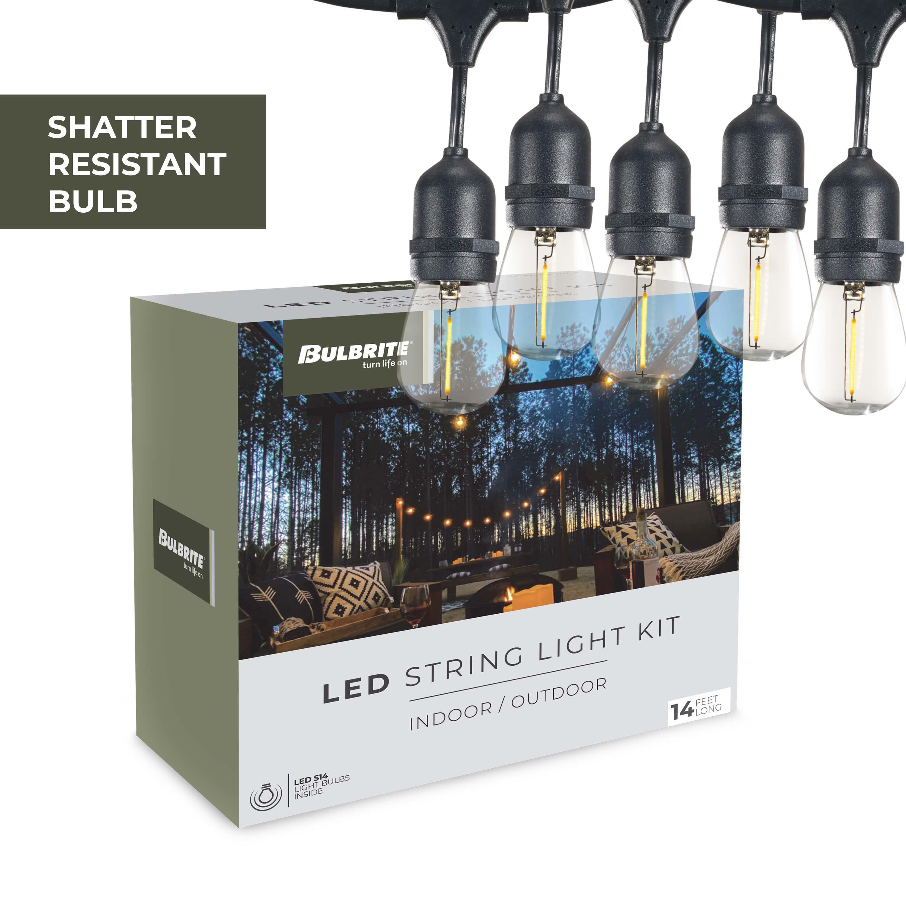 Bulbrite  14-foot Indoor/Outdoor String Light Kit with Clear Shatter Resistant Vintage Style S14 LED Light Bulbs