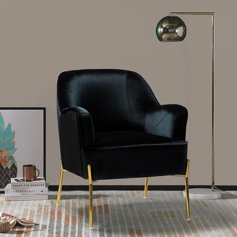 Elegant Black Velvet Curved Backrest Accent Chair with Golden Metal Legs
