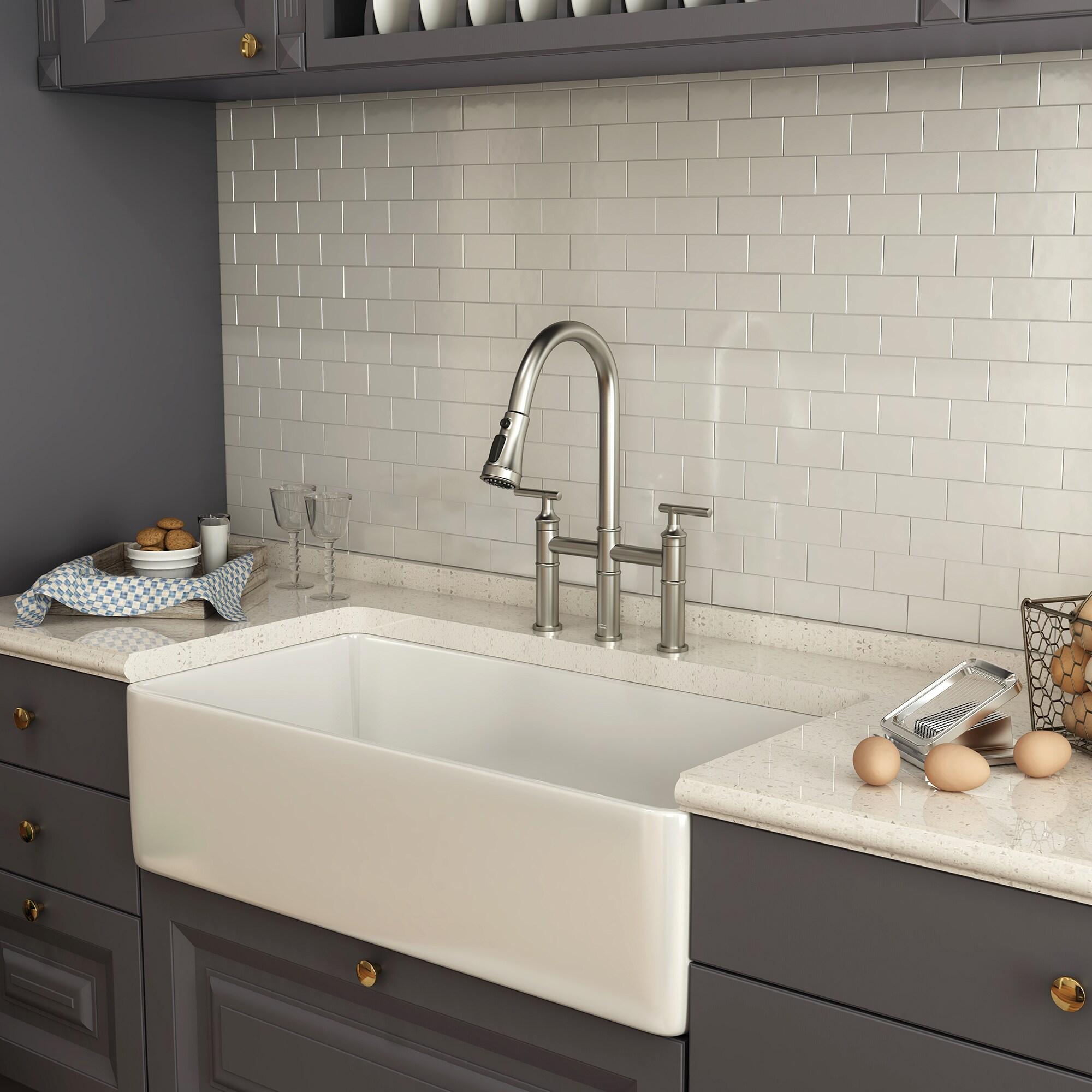 Brushed Nickel Double Handle Bridge Kitchen Faucet with Pull-Out Spray